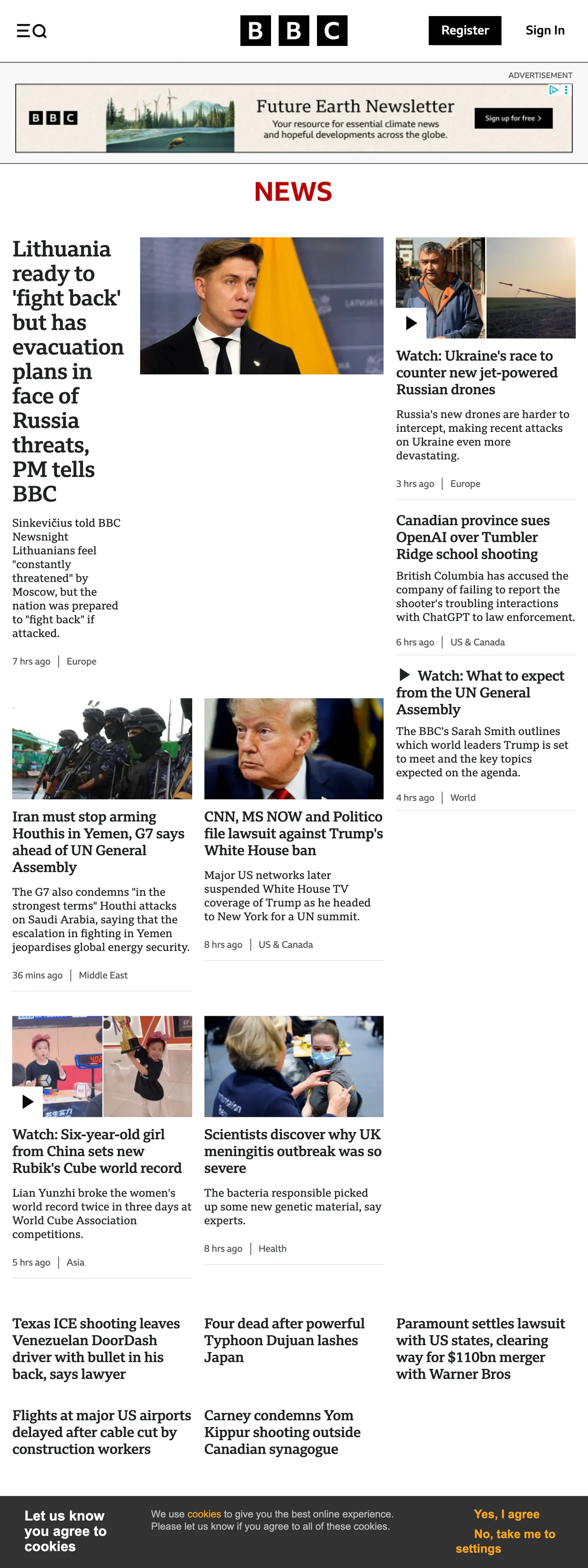 Screenshot of the BBC News front page