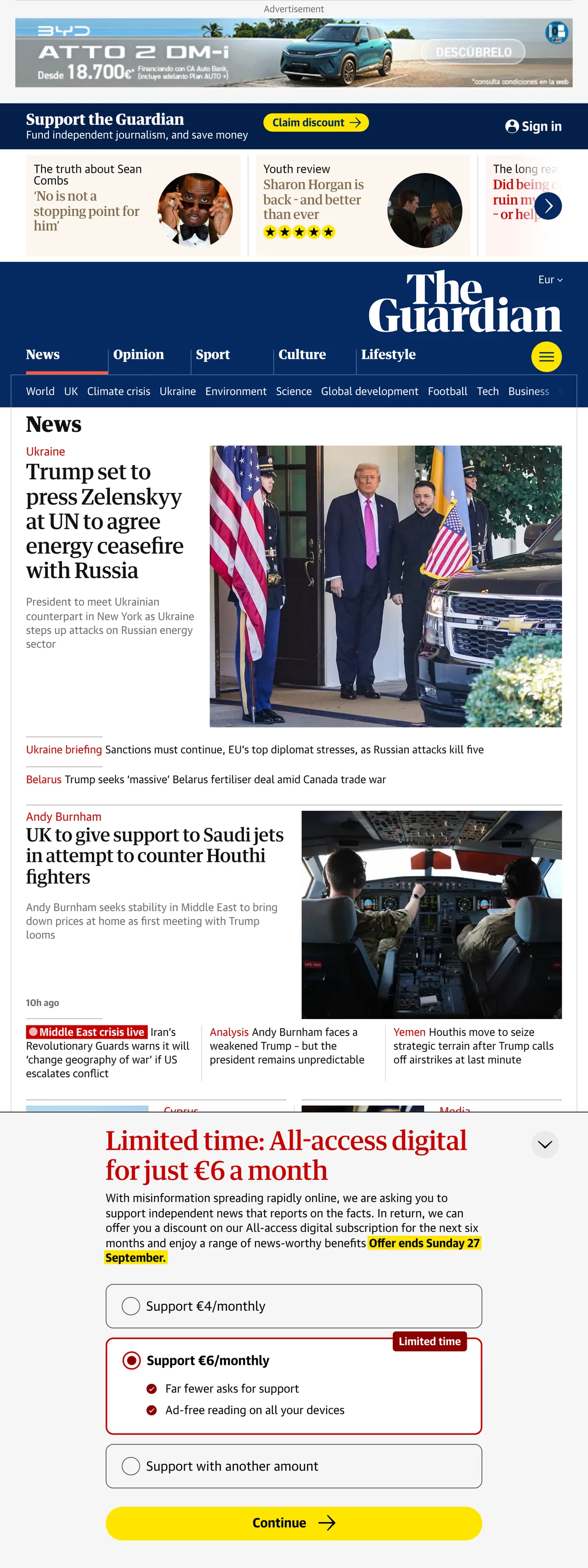 Screenshot of the The Guardian front page