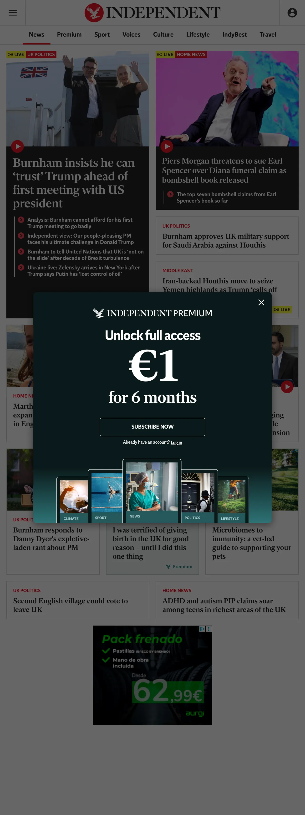 Screenshot of the The Independent front page