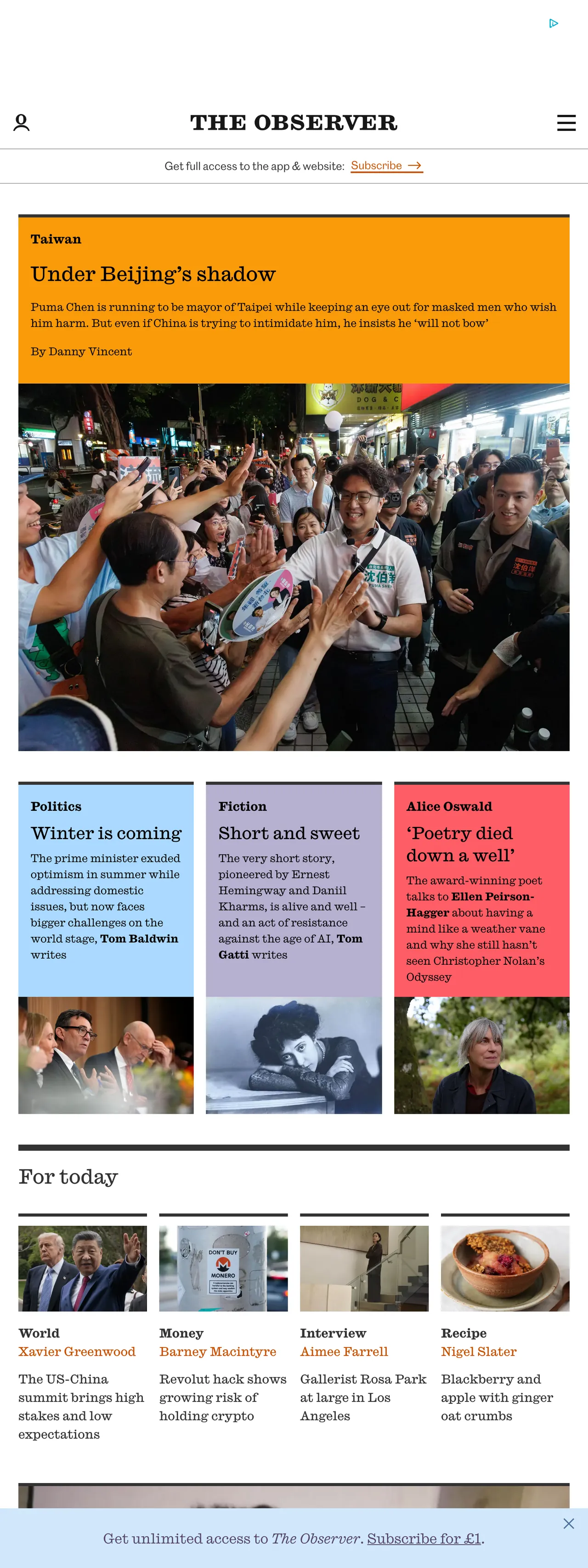 Screenshot of the The Observer front page