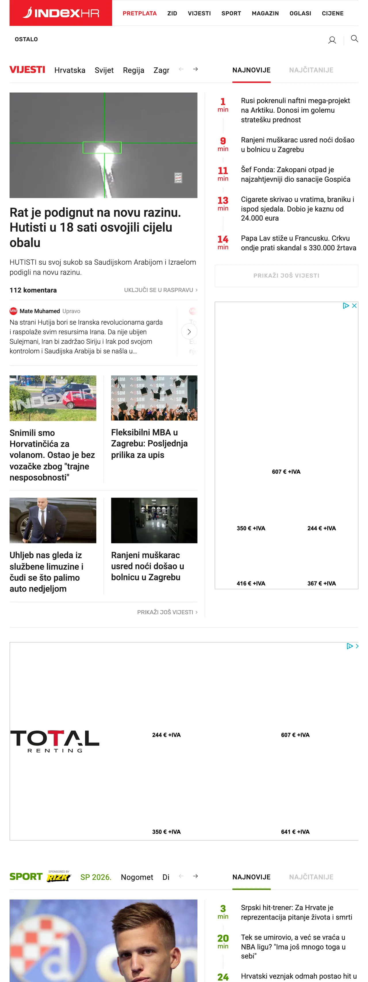 Screenshot of the Index.hr front page