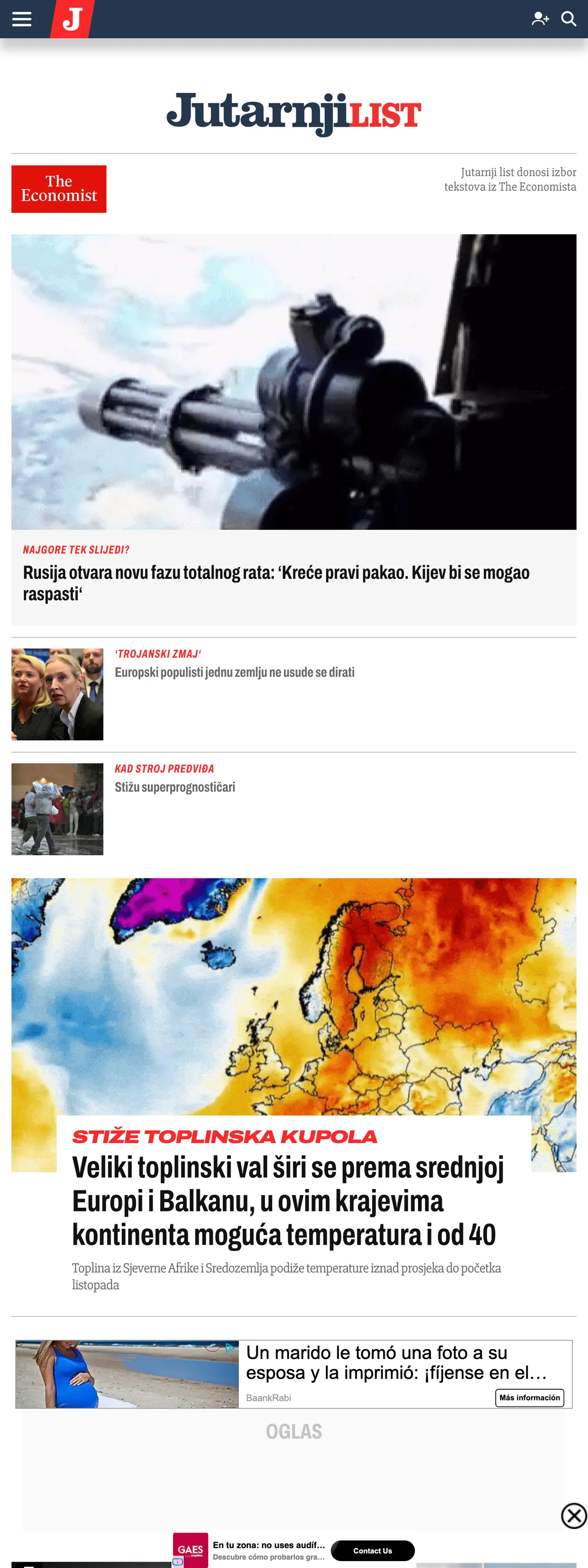 Screenshot of the Jutarnji list front page
