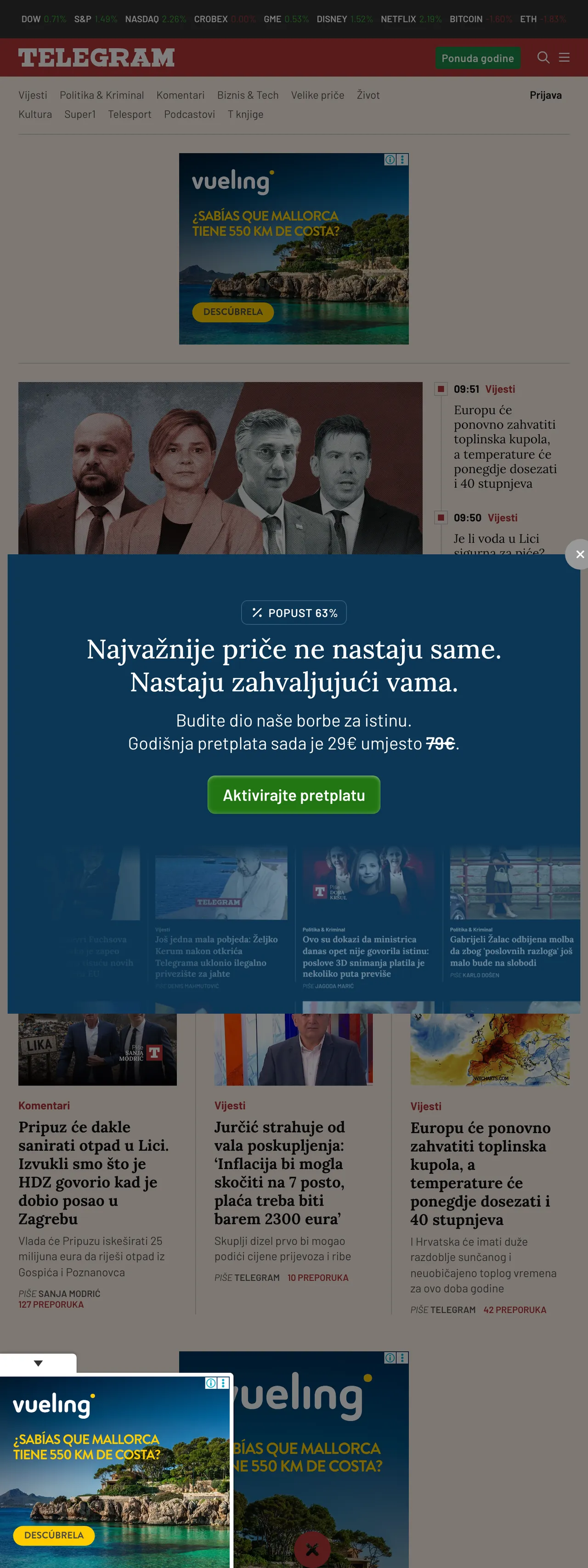Screenshot of the Telegram.hr front page