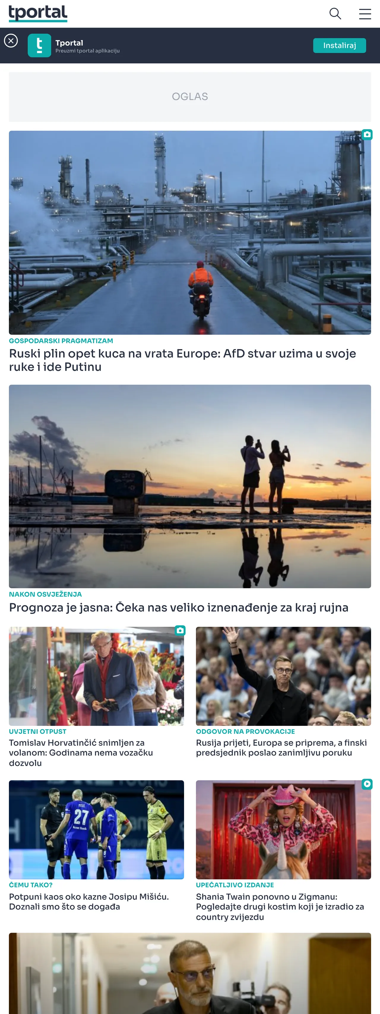 Screenshot of the tportal front page
