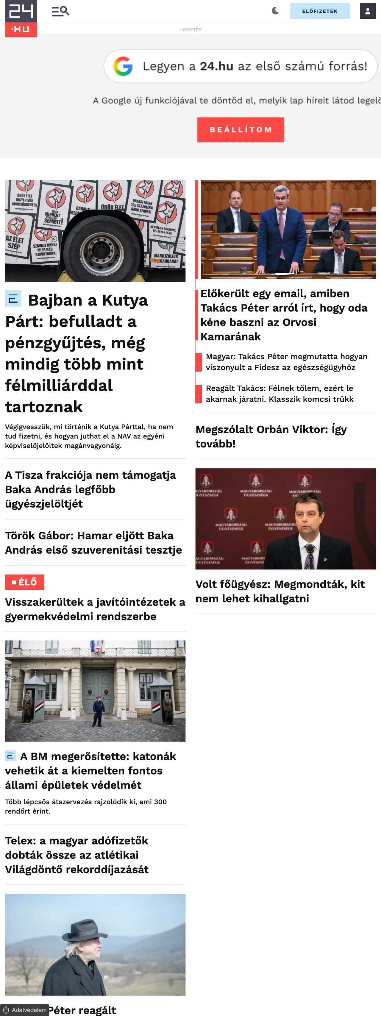 Screenshot of the 24.hu front page
