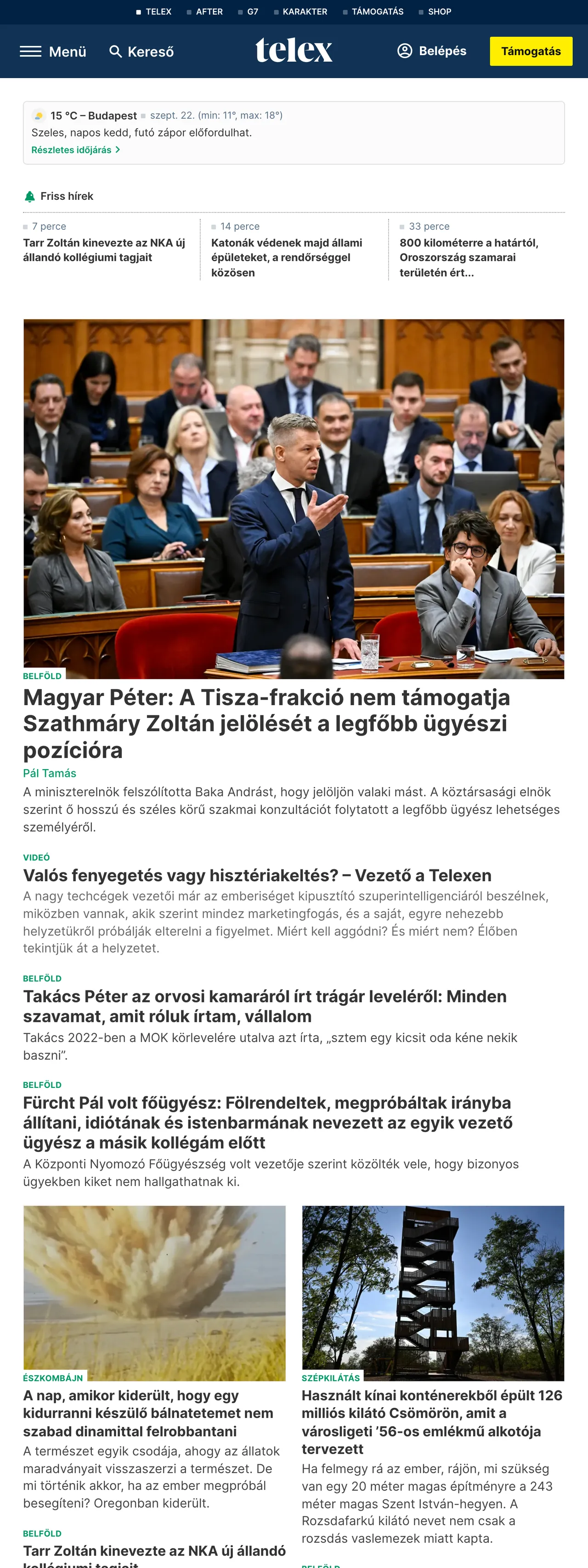 Screenshot of the Telex front page