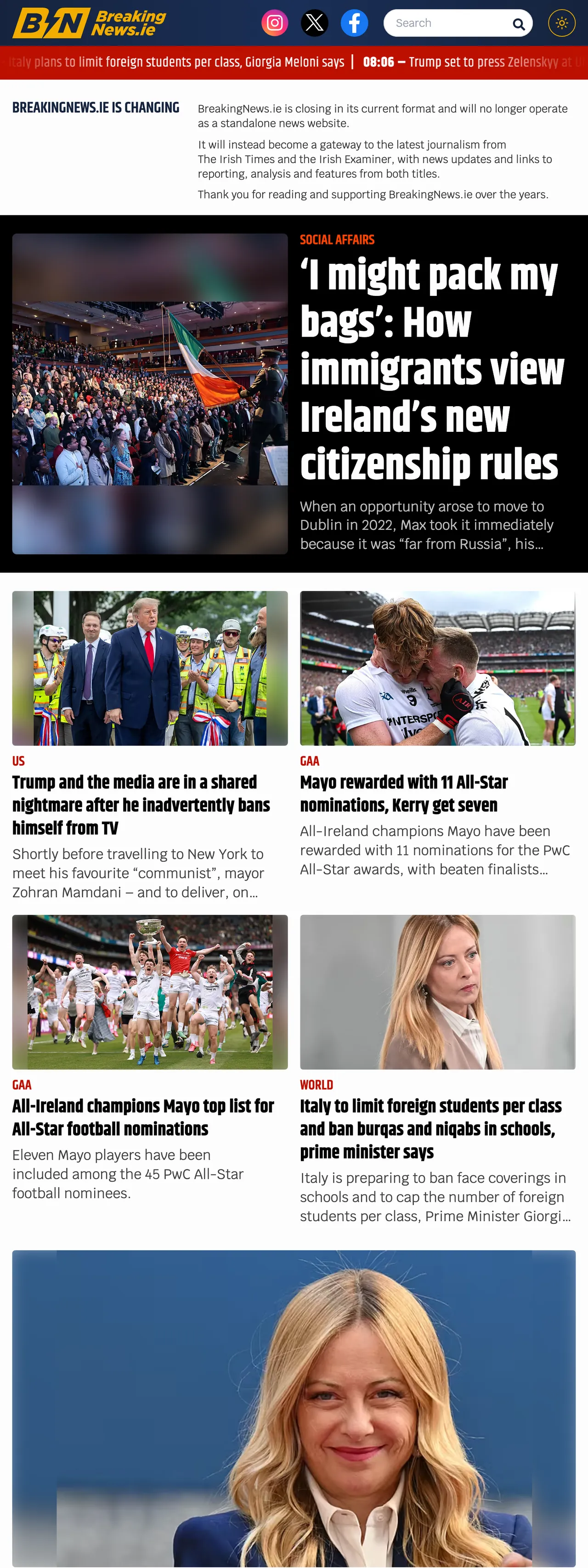 Screenshot of the BreakingNews.ie front page