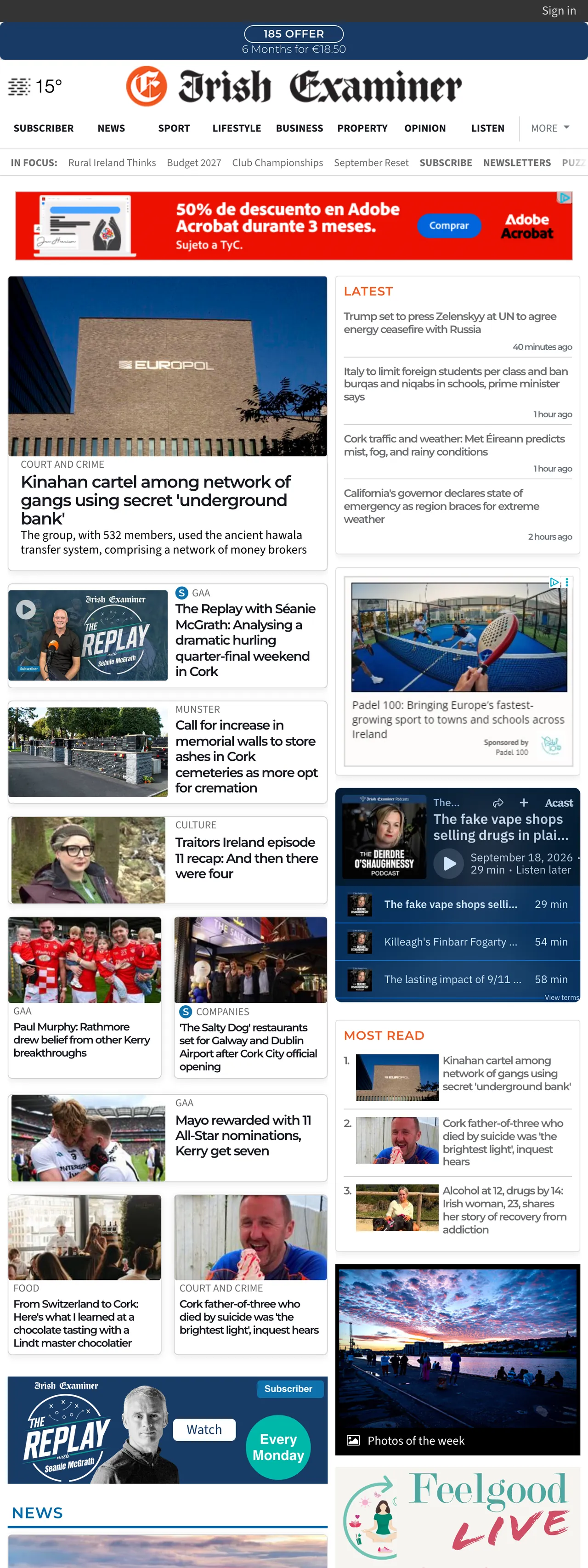 Screenshot of the Irish Examiner front page