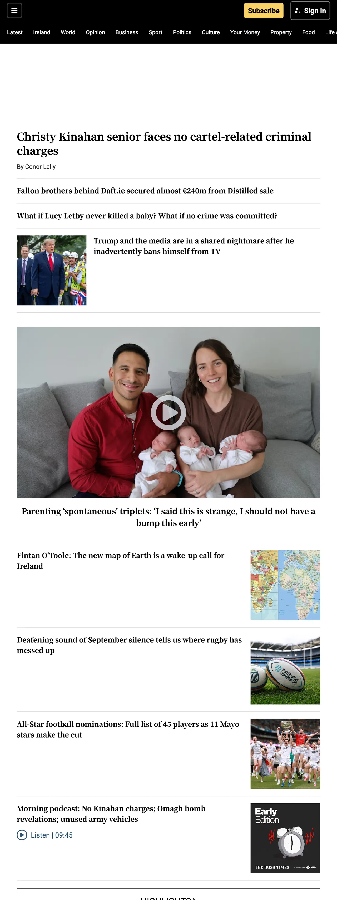 Screenshot of the The Irish Times front page