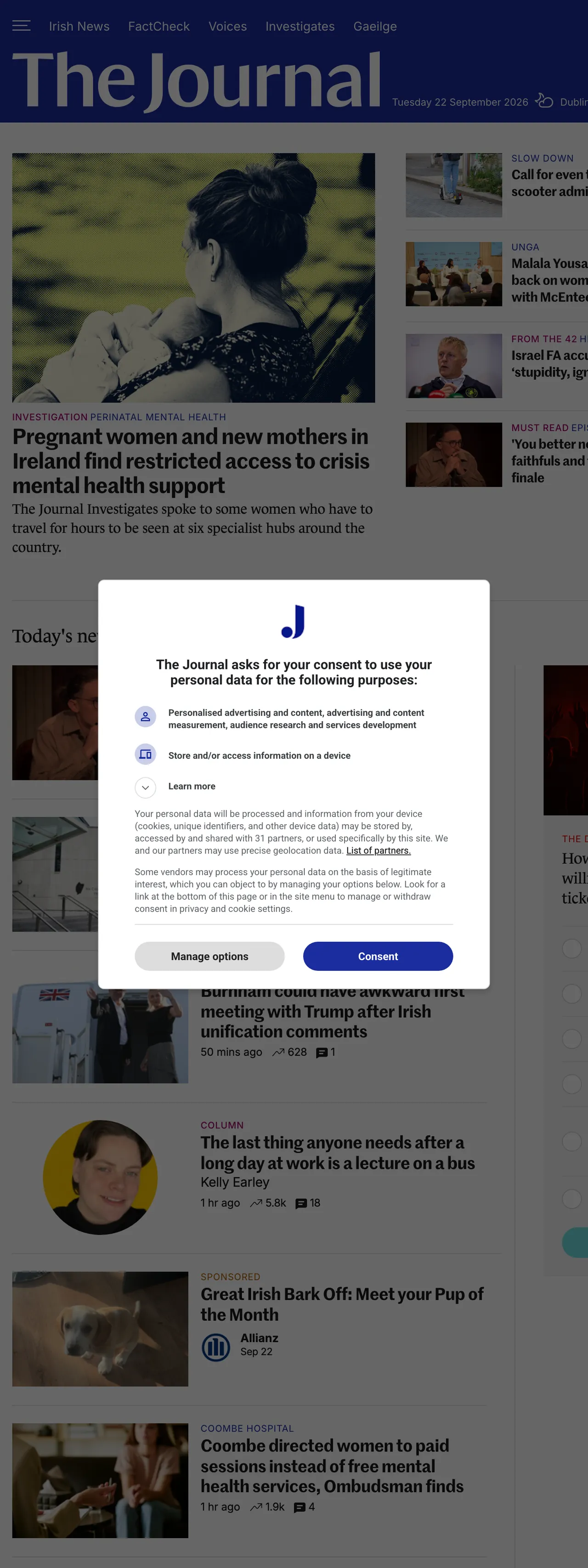 Screenshot of the TheJournal.ie front page