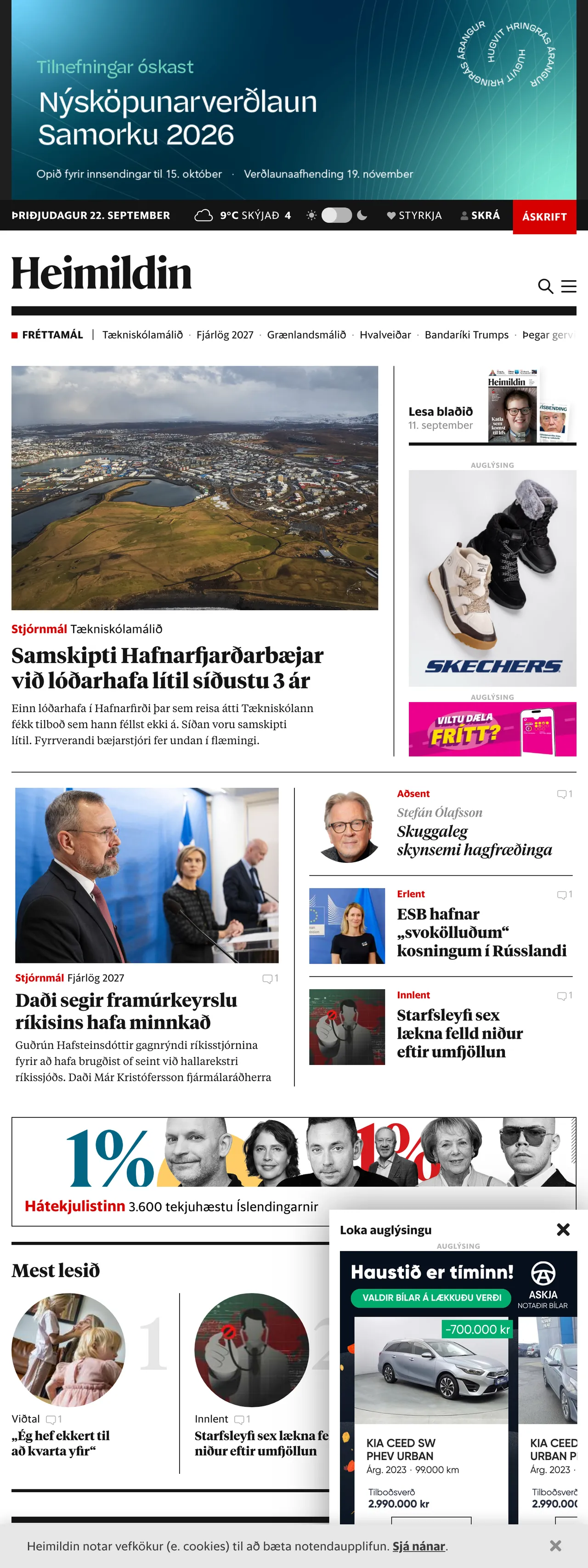 Screenshot of the Heimildin front page