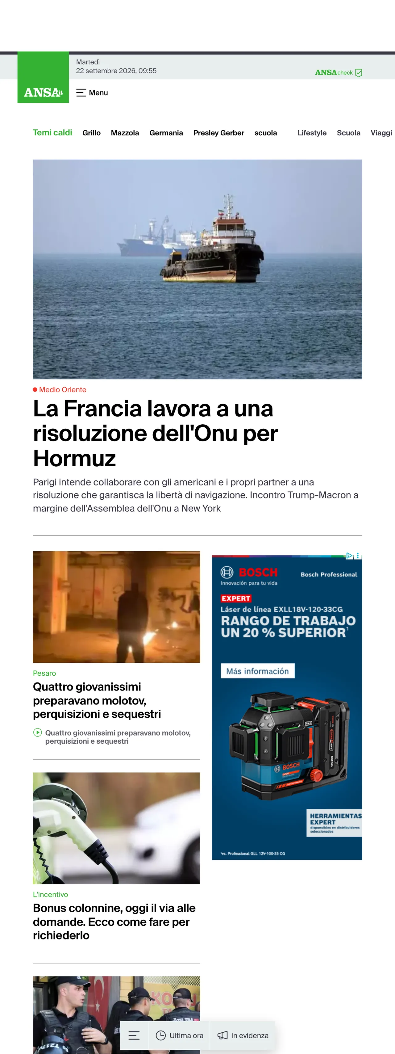 Screenshot of the ANSA front page