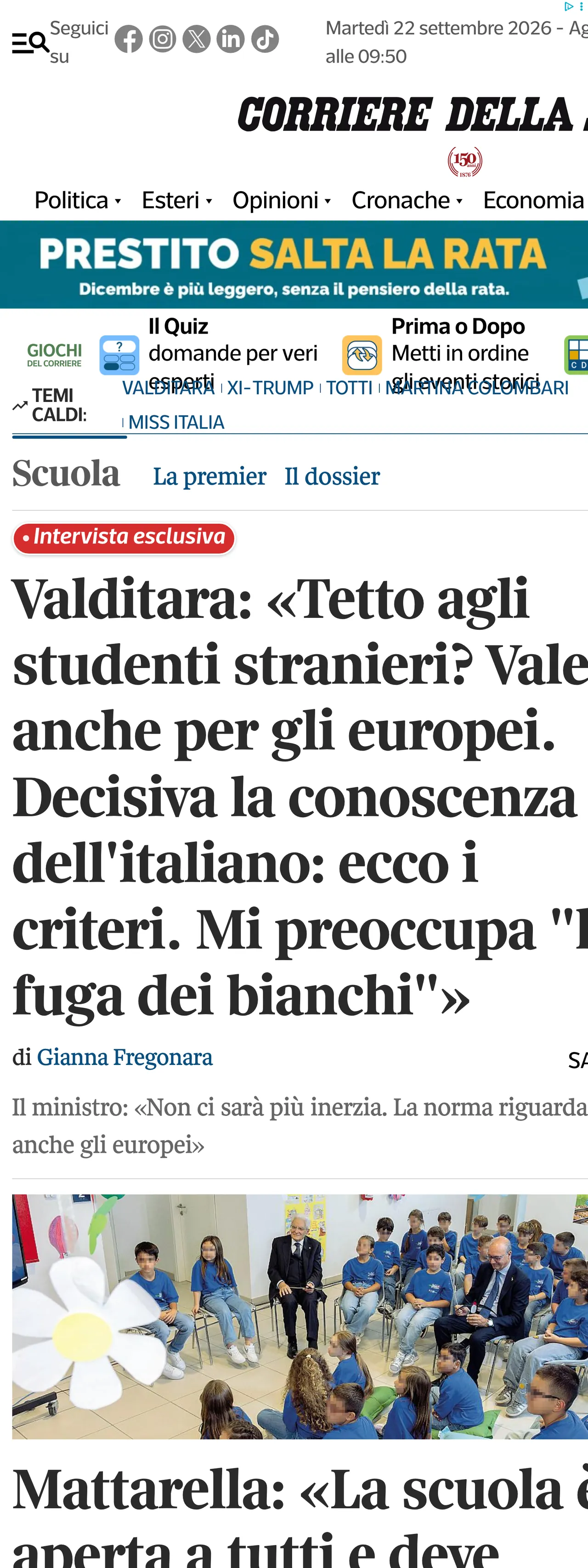Screenshot of the Corriere della Sera front page