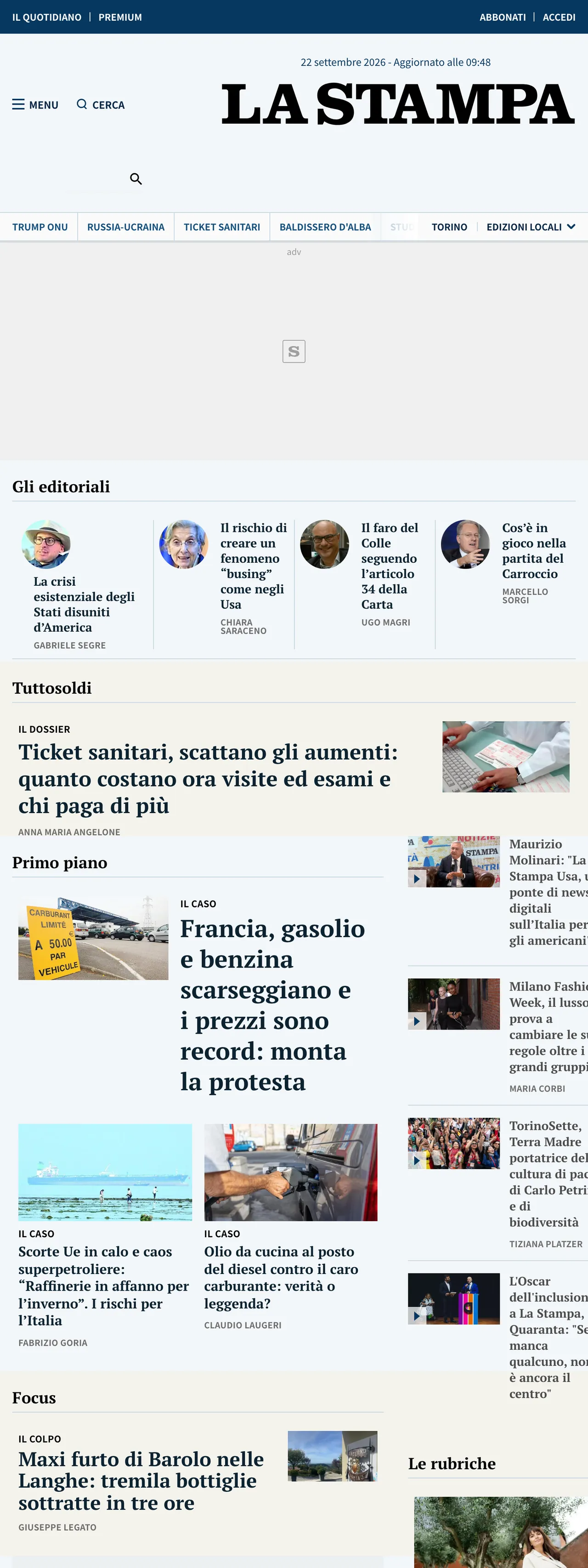 Screenshot of the La Stampa front page