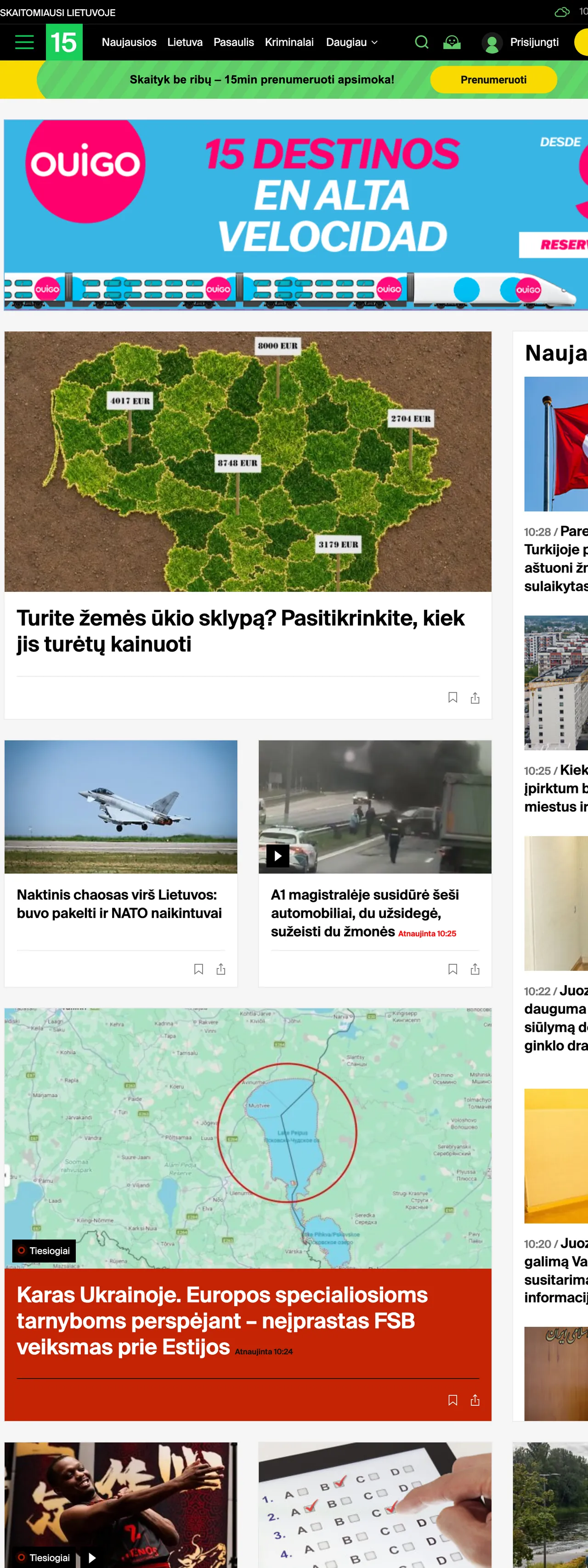 Screenshot of the 15min front page