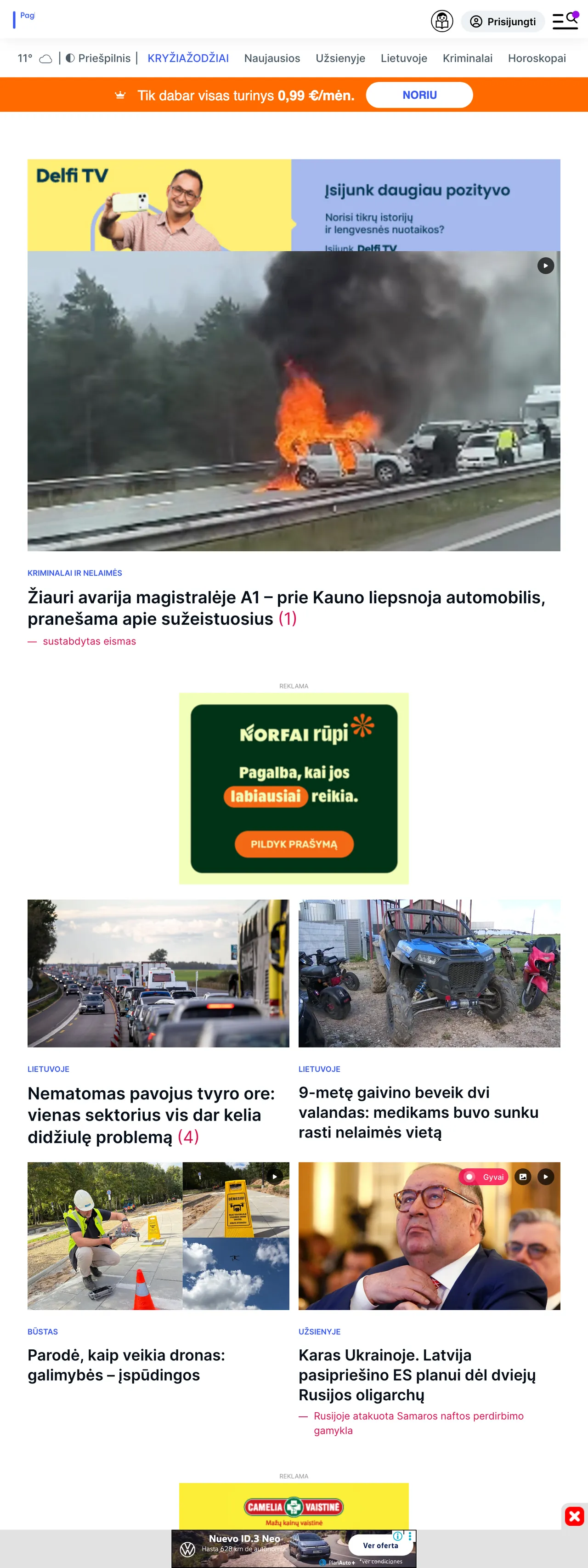 Screenshot of the Delfi front page