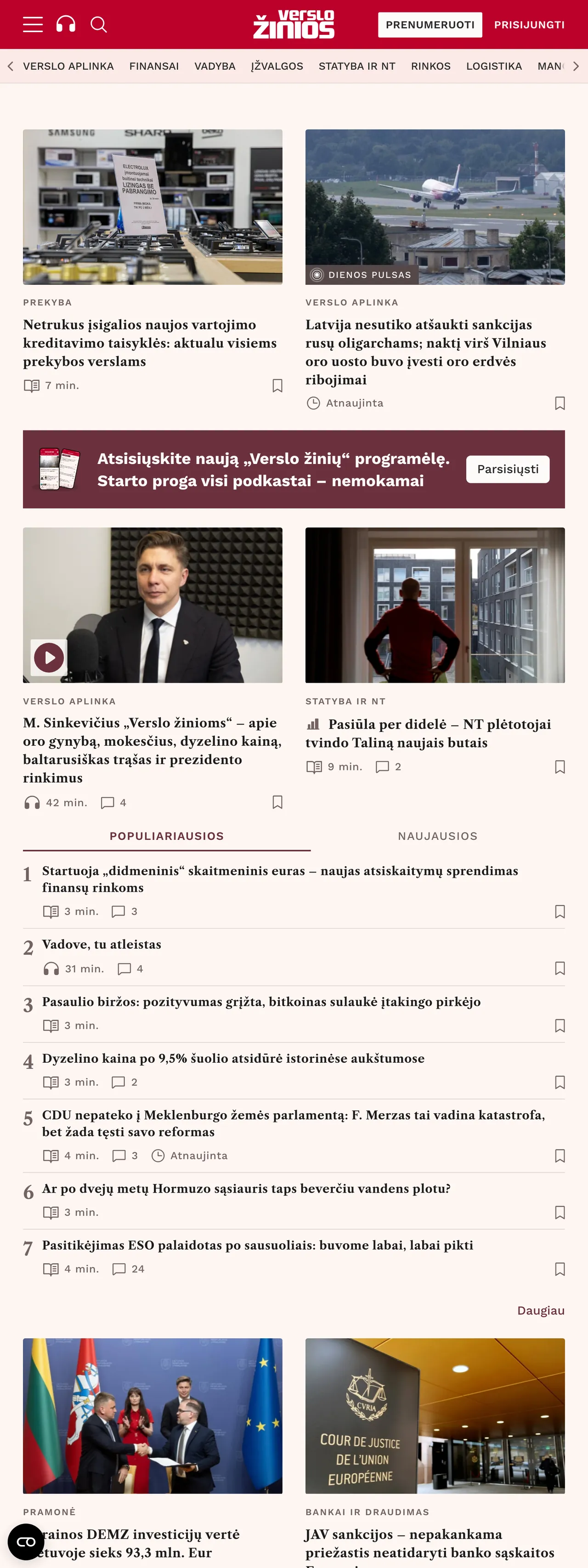 Screenshot of the Verslo žinios front page