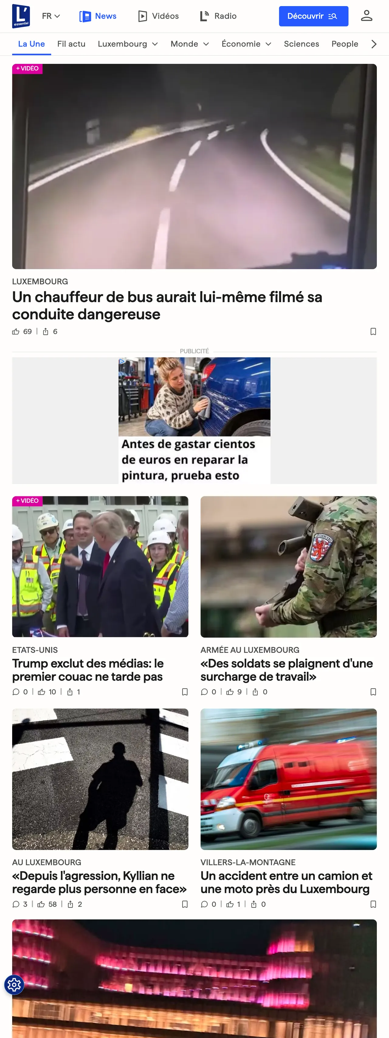 Screenshot of the L'essentiel front page