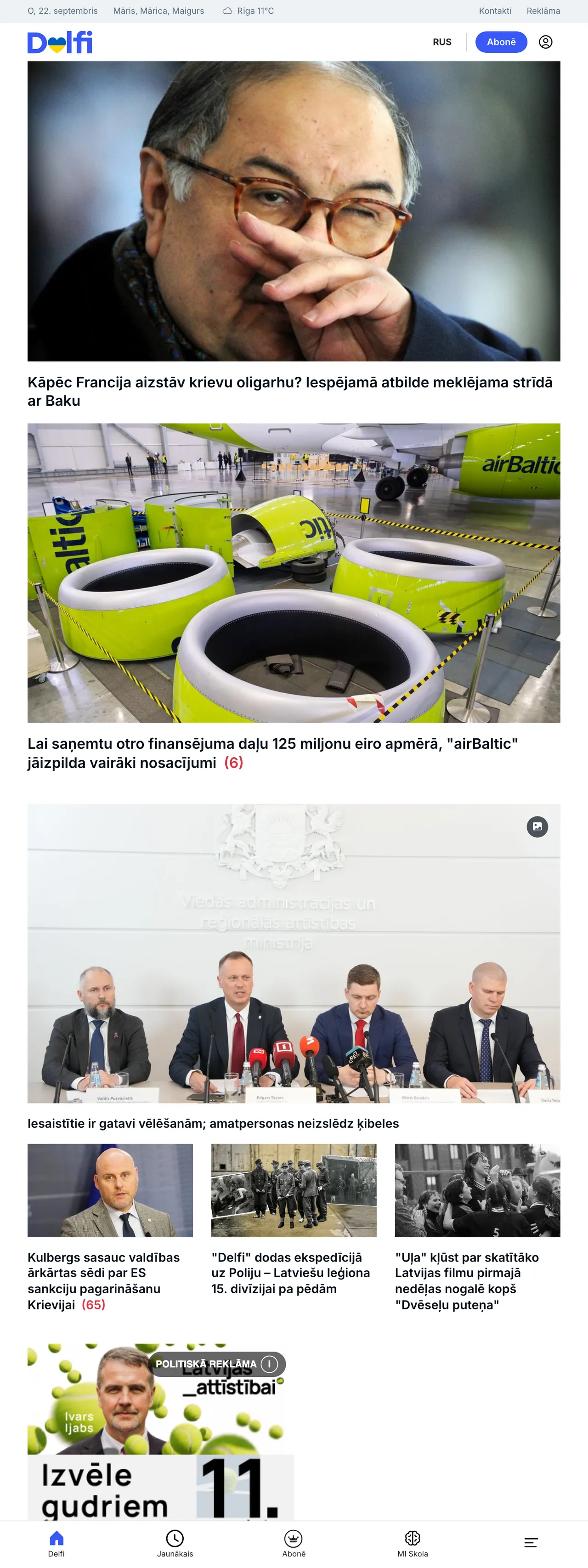 Screenshot of the Delfi front page