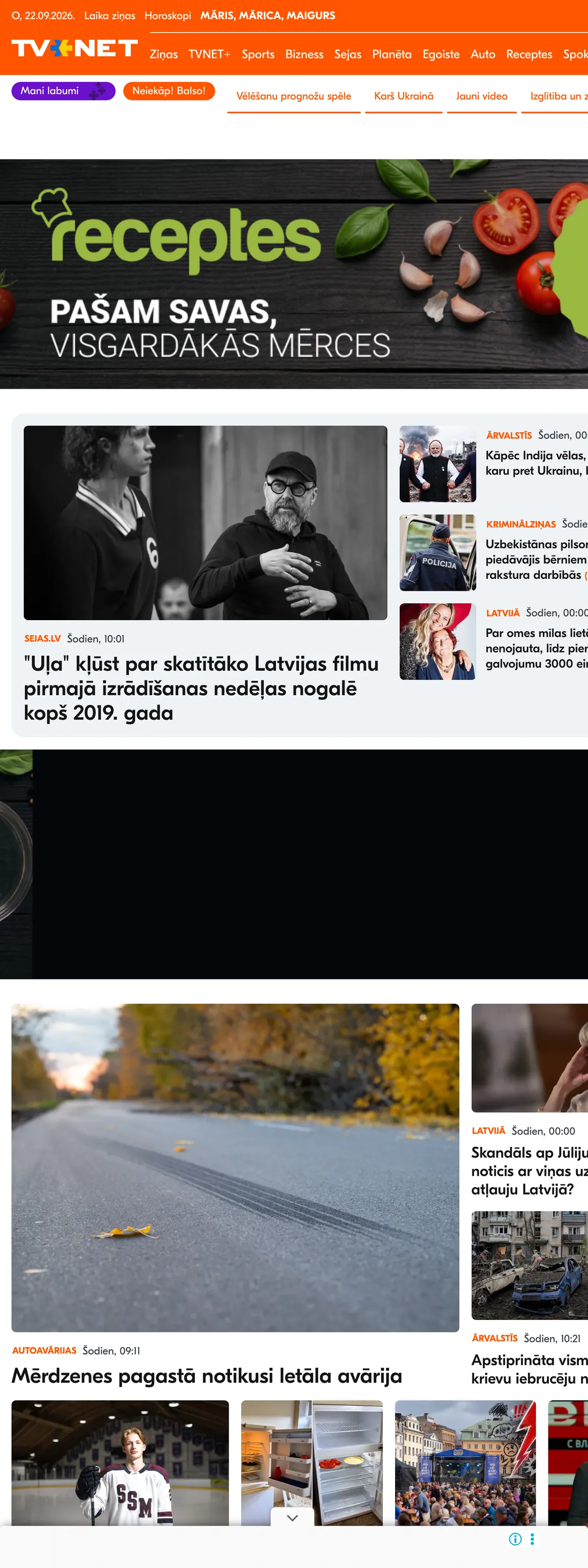 Screenshot of the TVNET front page
