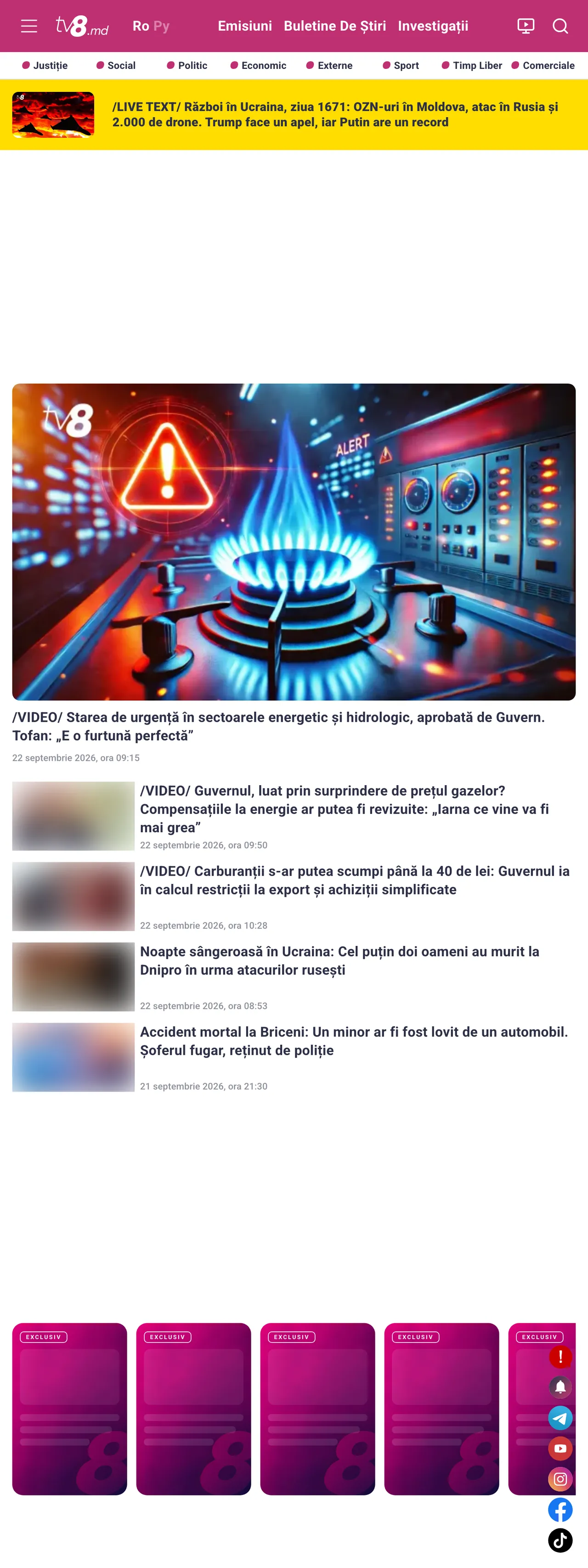 Screenshot of the TV8 front page