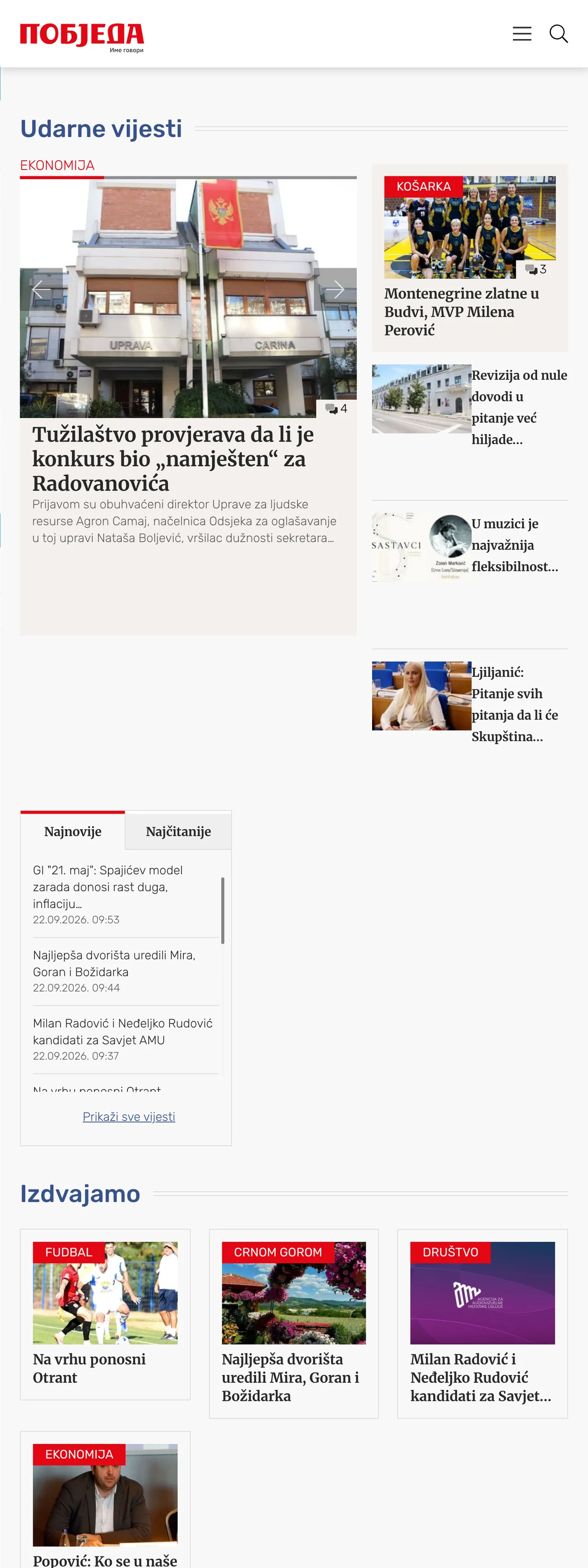 Screenshot of the Pobjeda front page