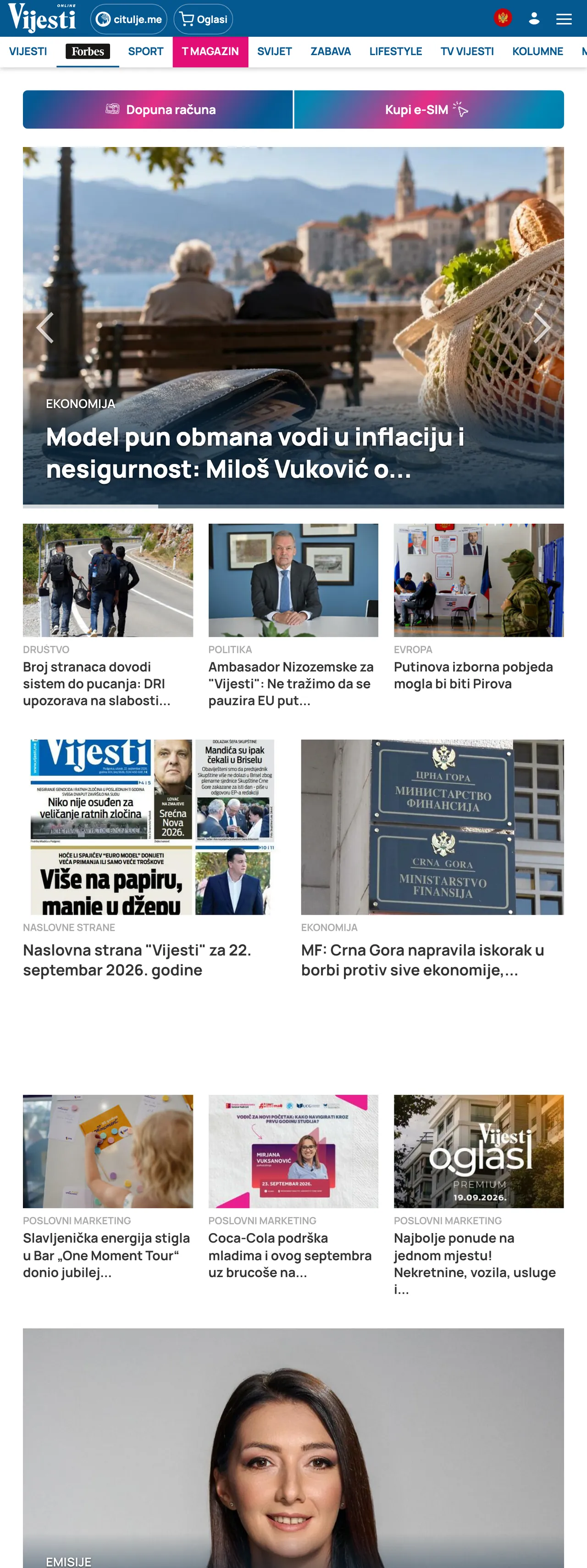 Screenshot of the Vijesti front page