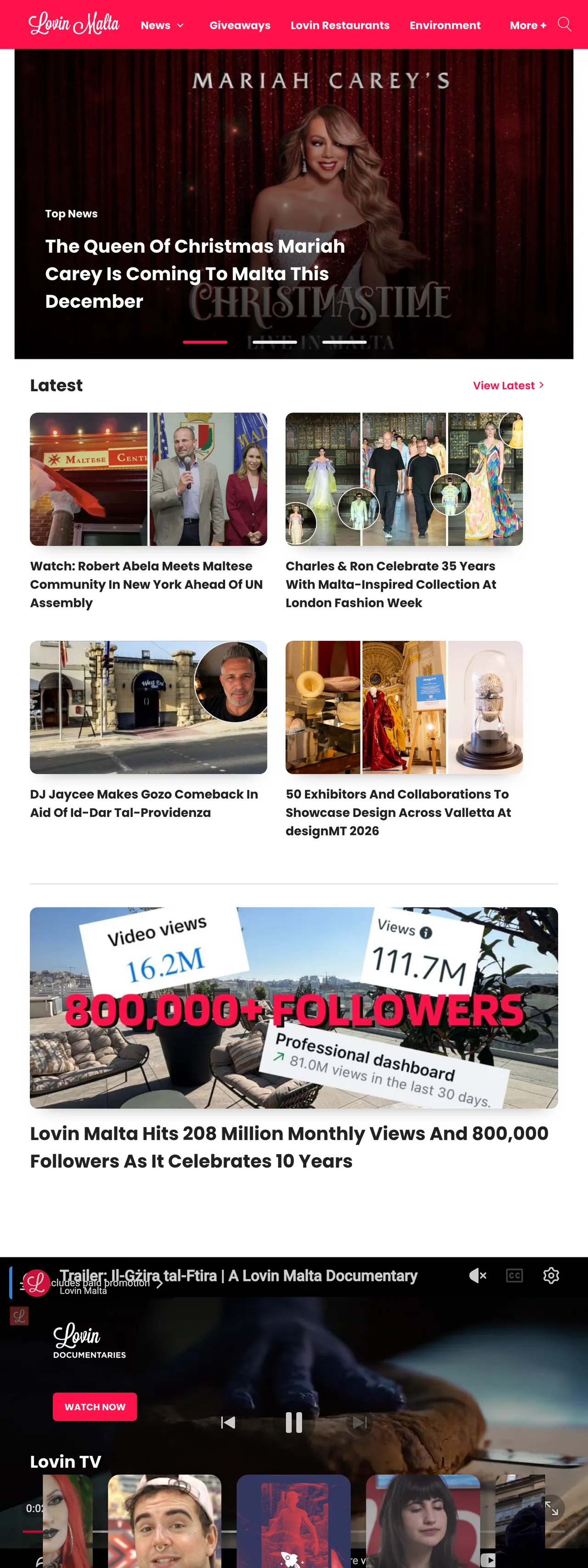 Screenshot of the Lovin Malta front page