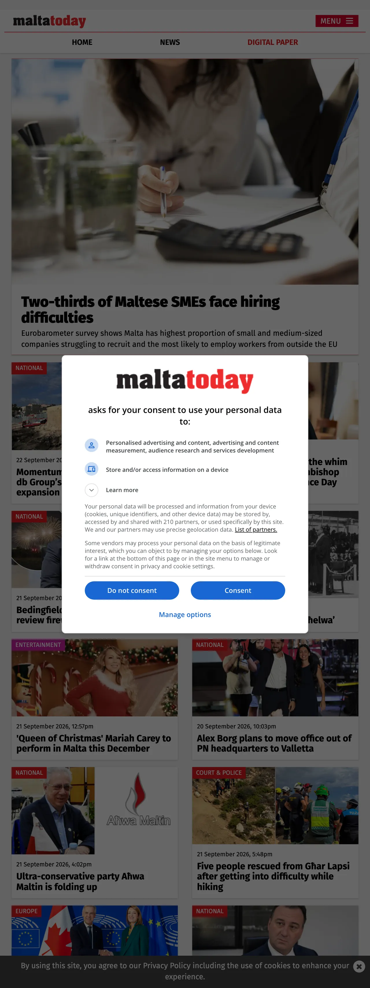 Screenshot of the Malta Today front page