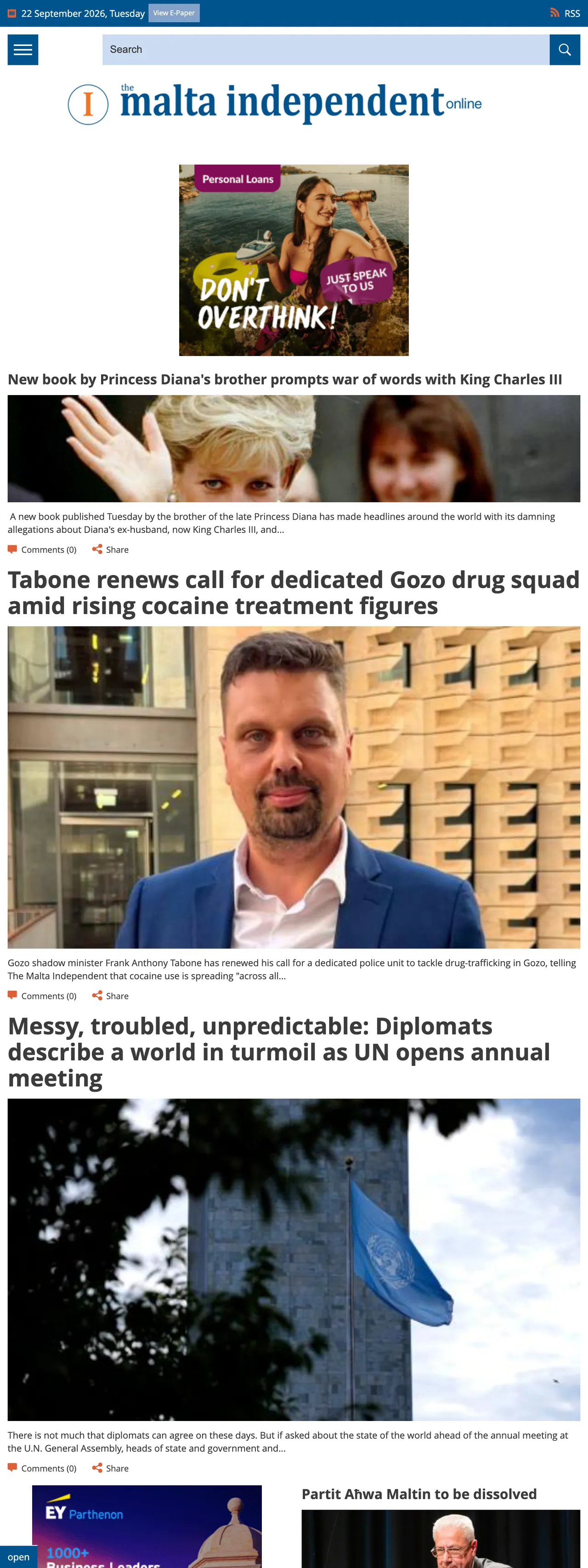 Screenshot of the The Malta Independent front page