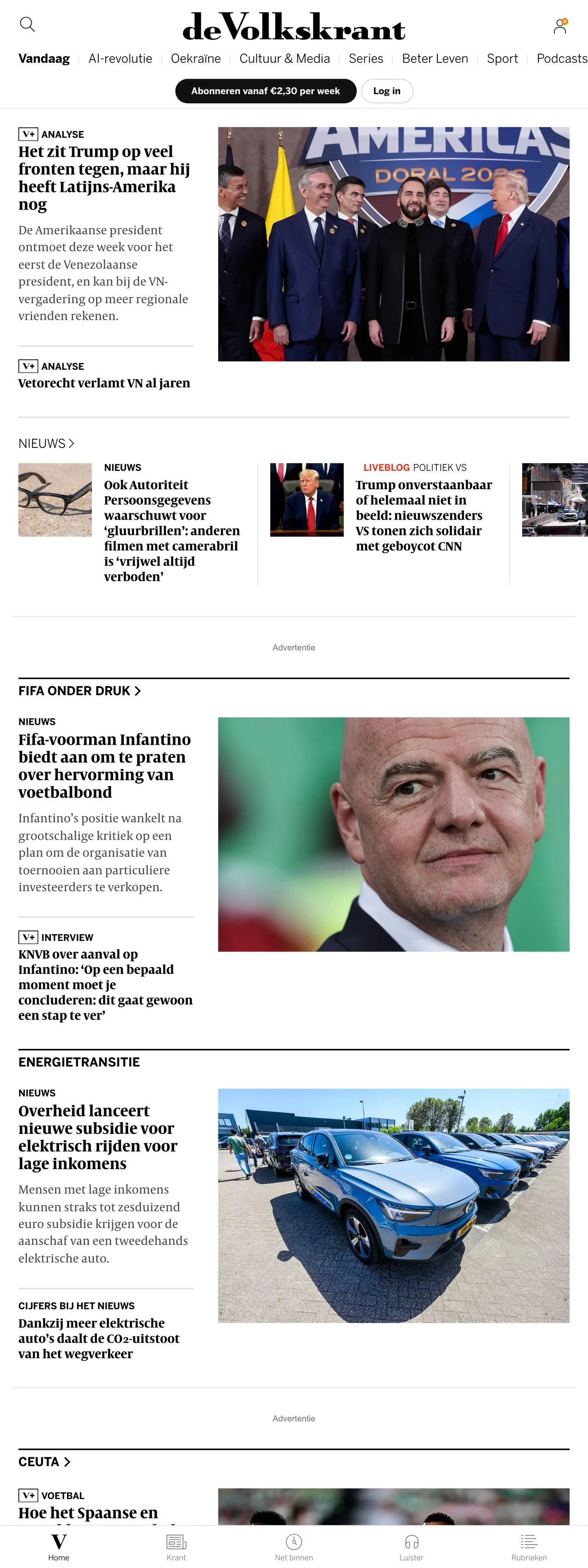 Screenshot of the de Volkskrant front page