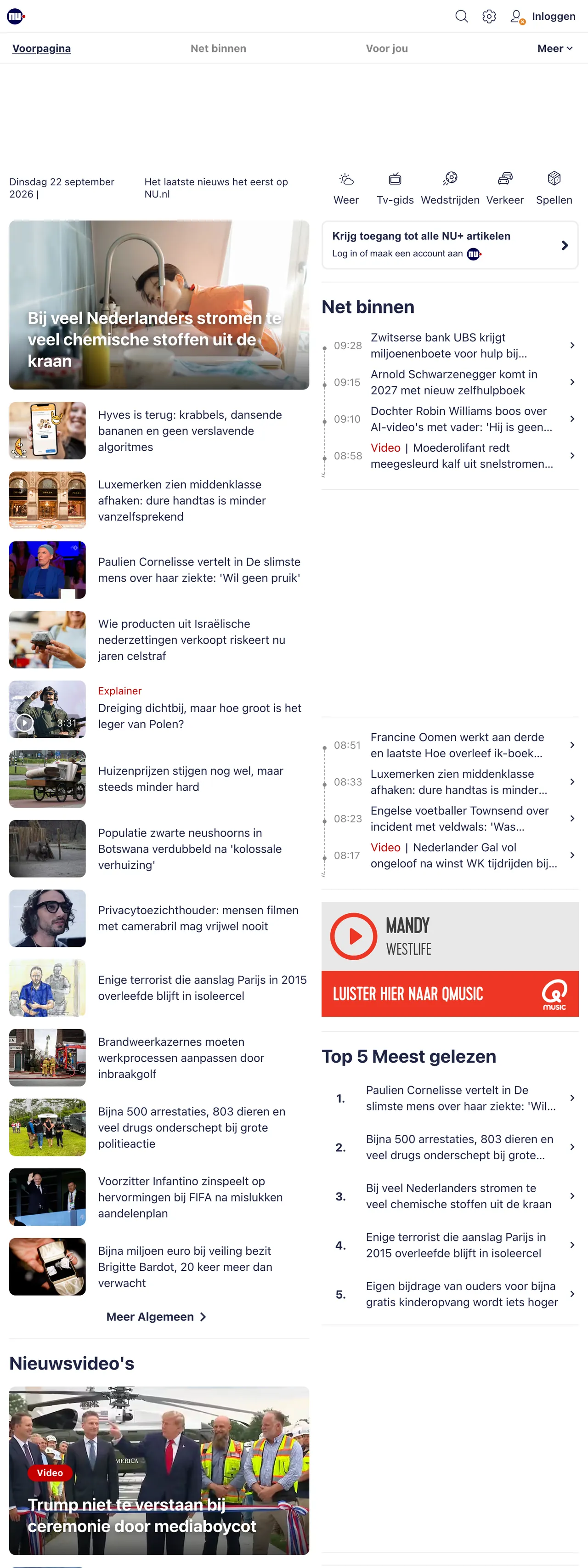 Screenshot of the NU.nl front page