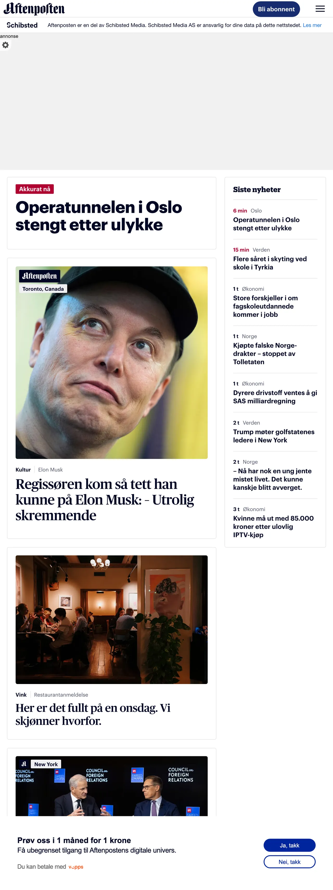 Screenshot of the Aftenposten front page