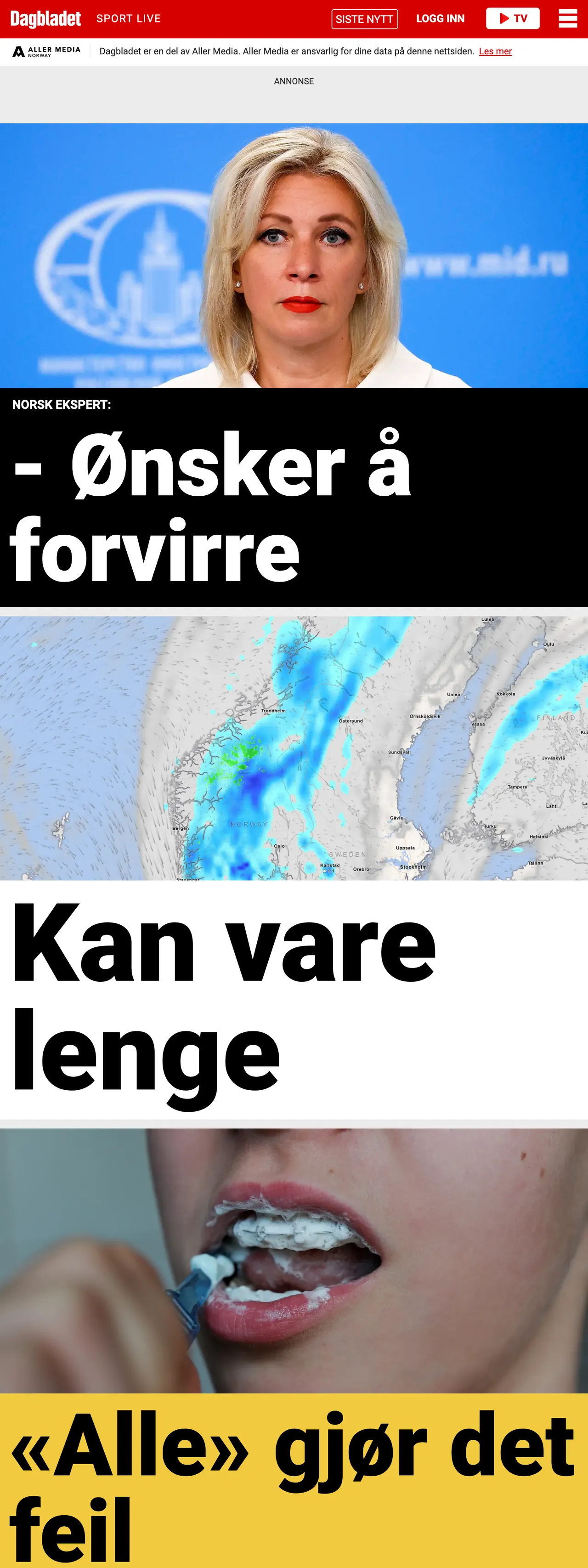 Screenshot of the Dagbladet front page