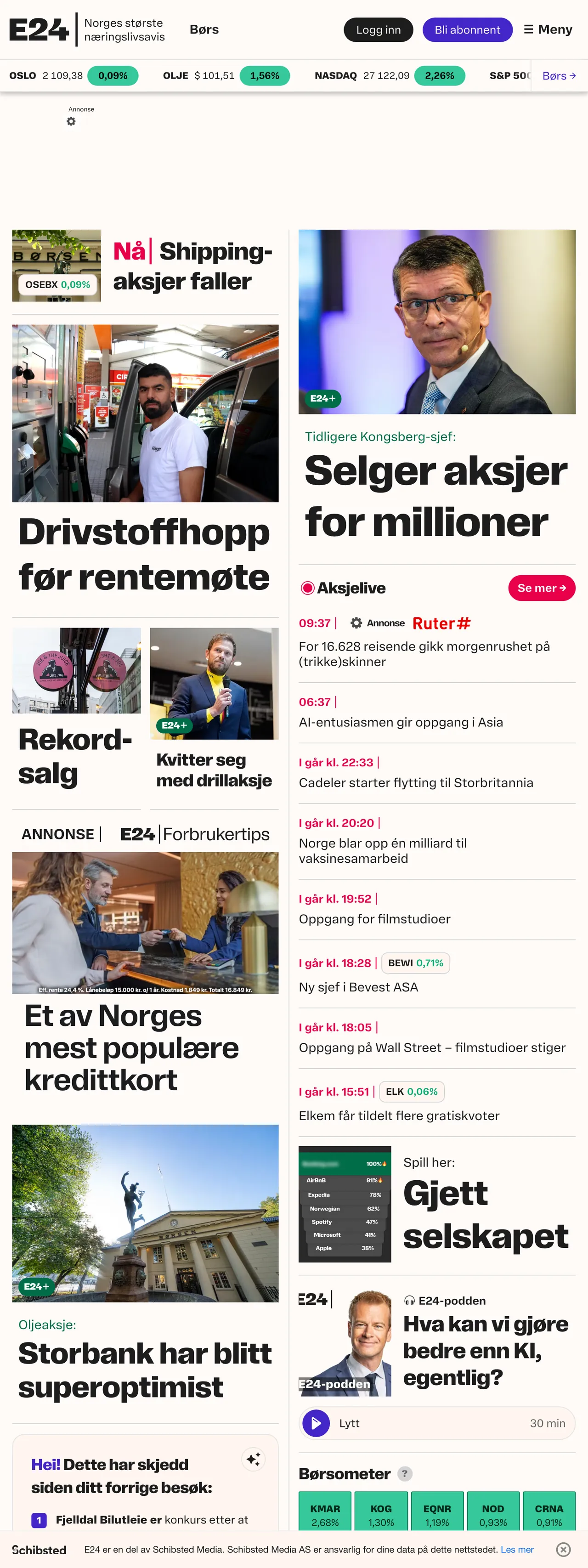 Screenshot of the E24 front page