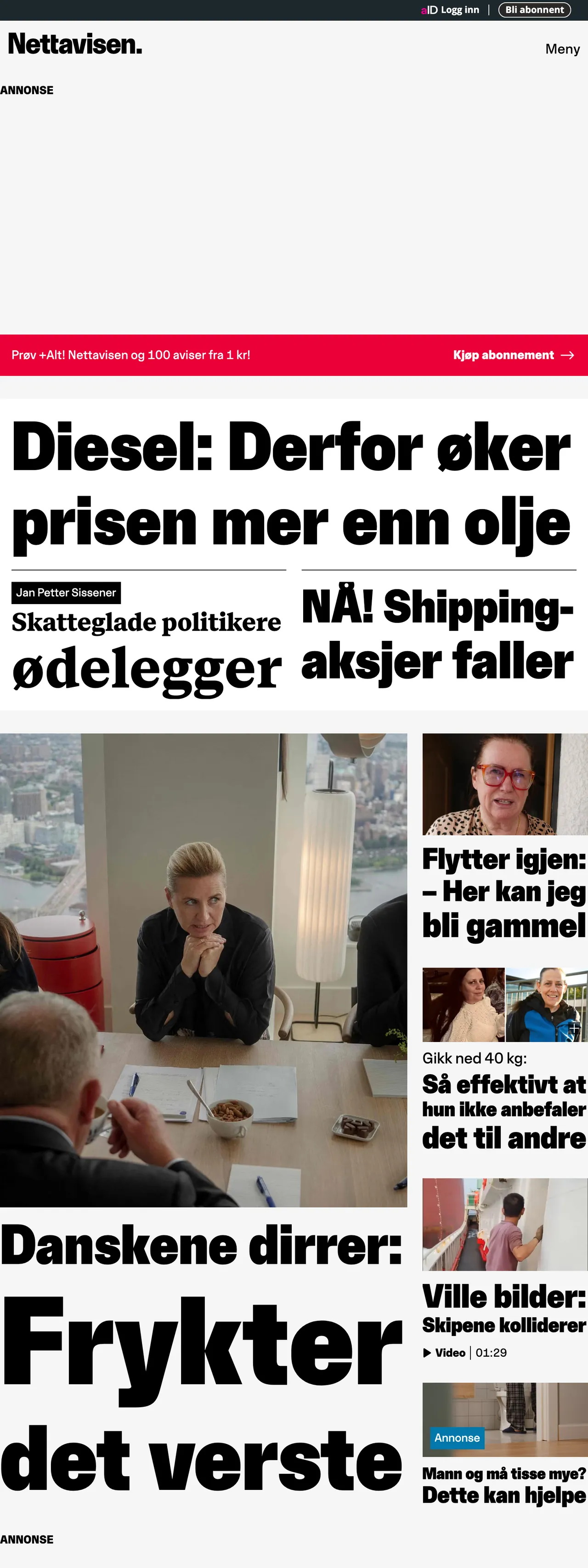 Screenshot of the Nettavisen front page