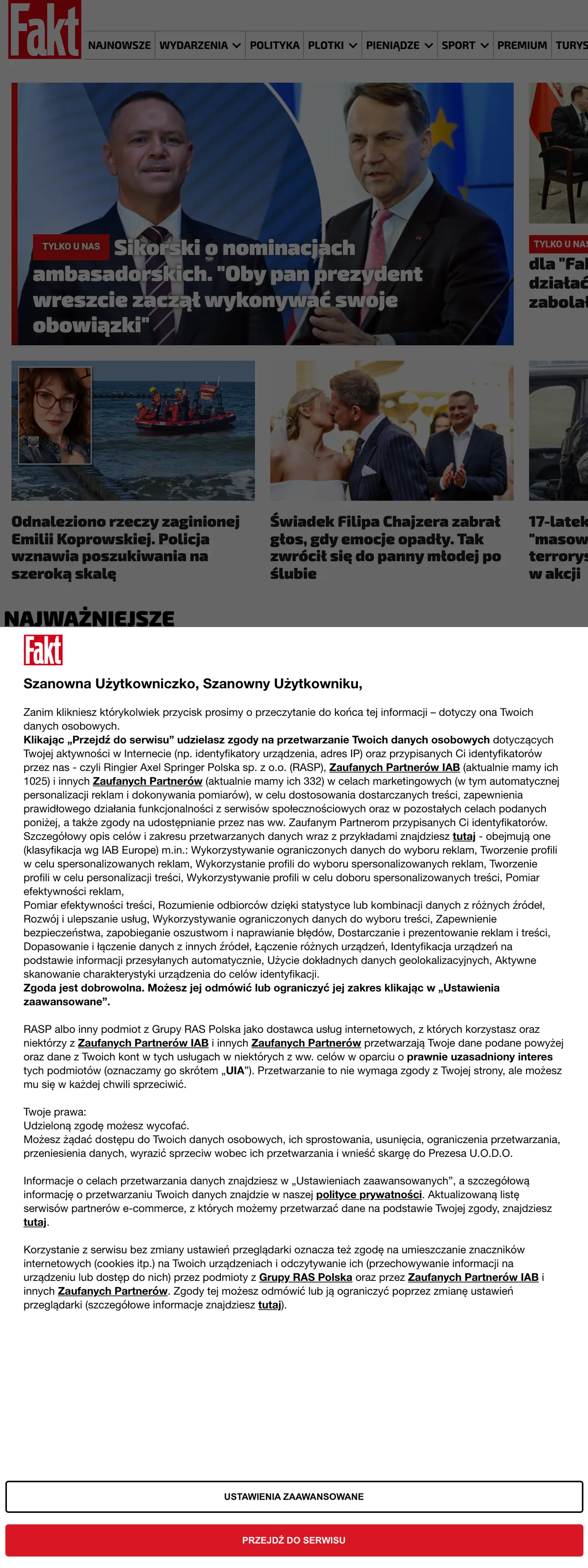 Screenshot of the Fakt front page
