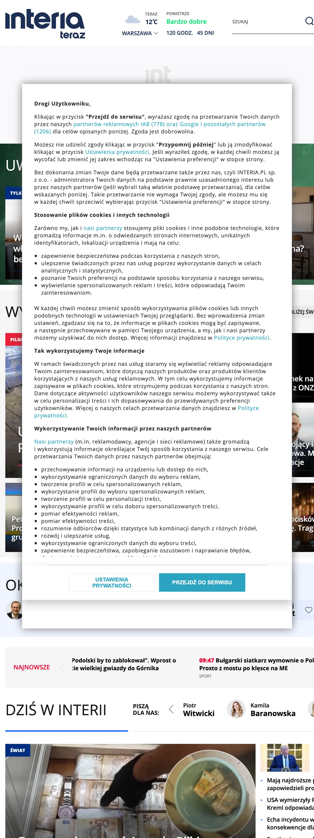 Screenshot of the Interia front page