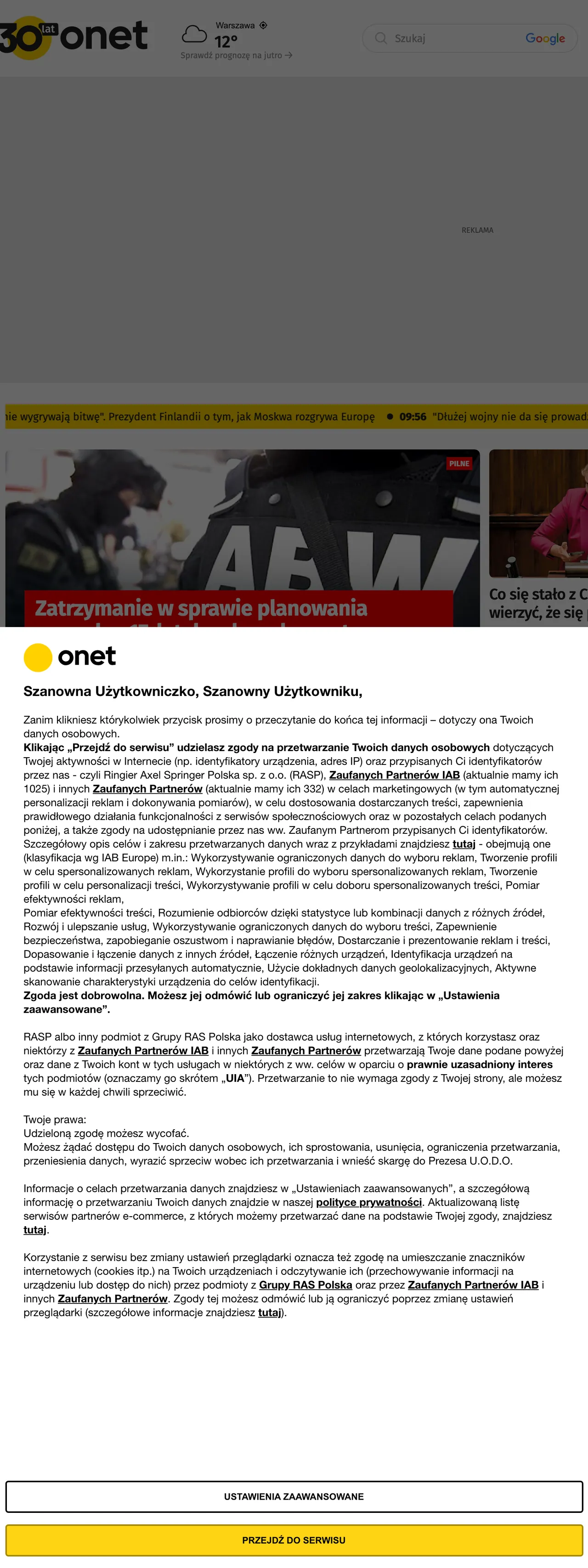 Screenshot of the Onet front page