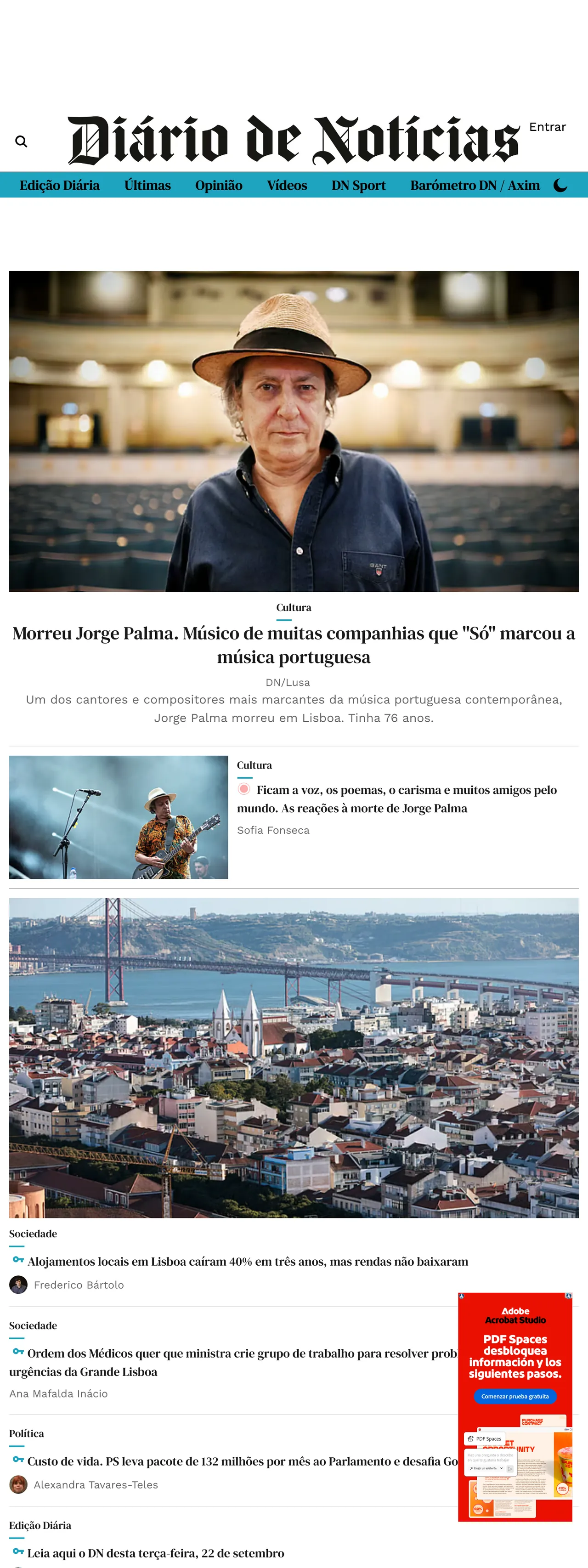 Screenshot of the Diário de Notícias front page
