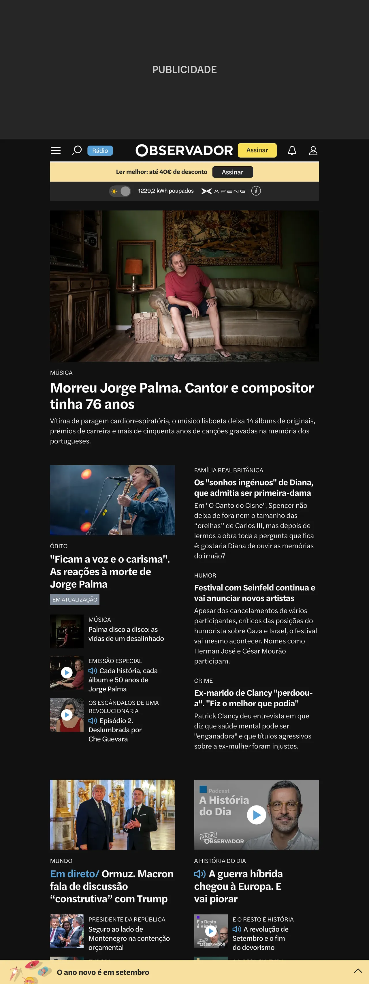Screenshot of the Observador front page