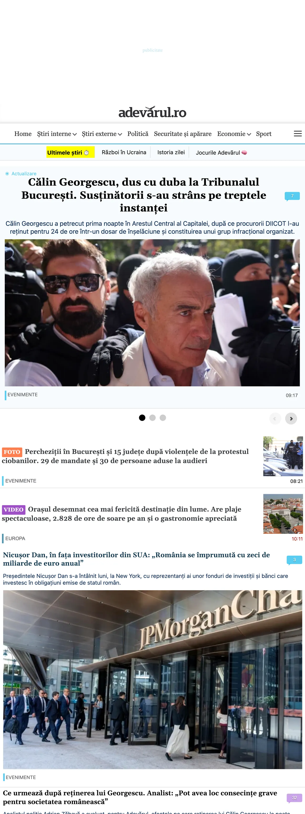 Screenshot of the Adevărul front page