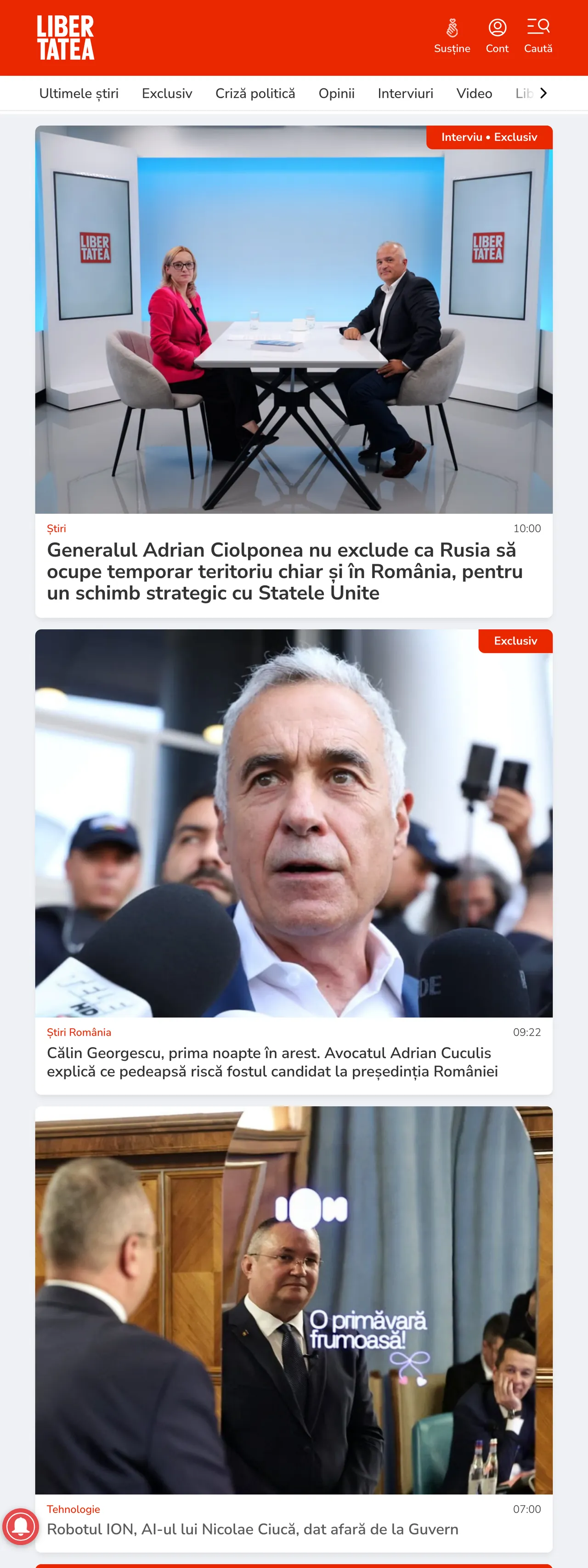 Screenshot of the Libertatea front page