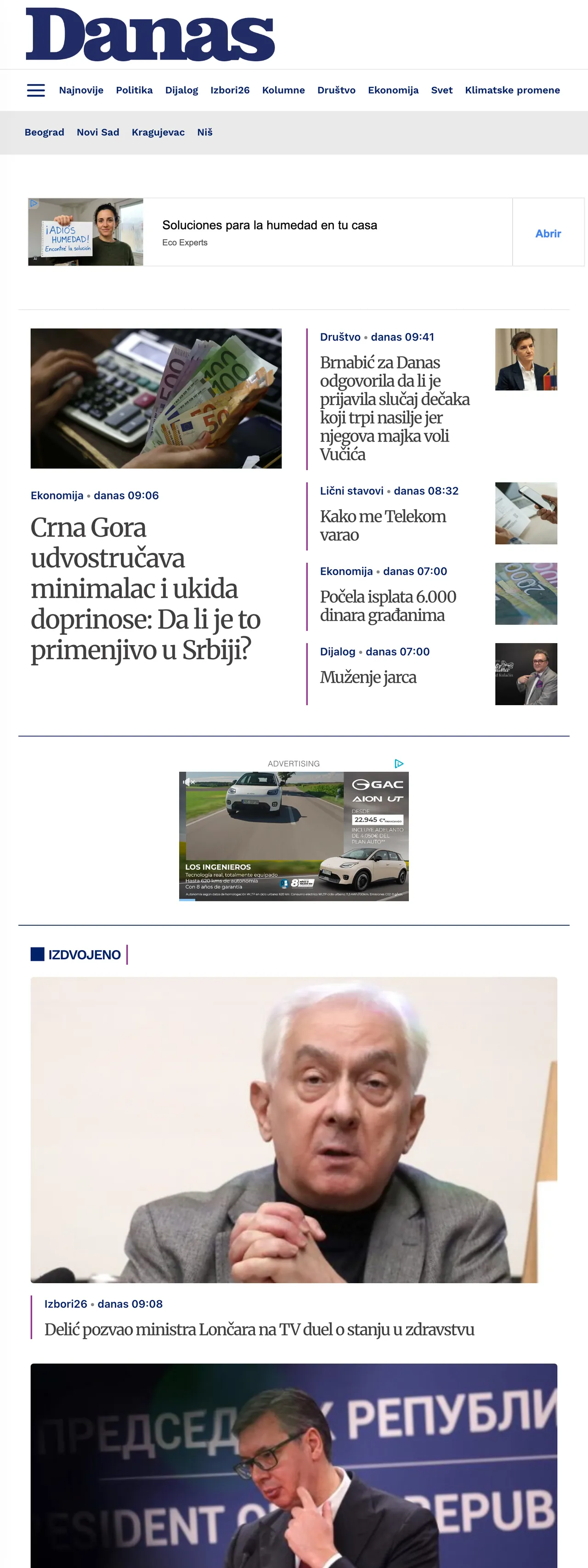 Screenshot of the Danas front page