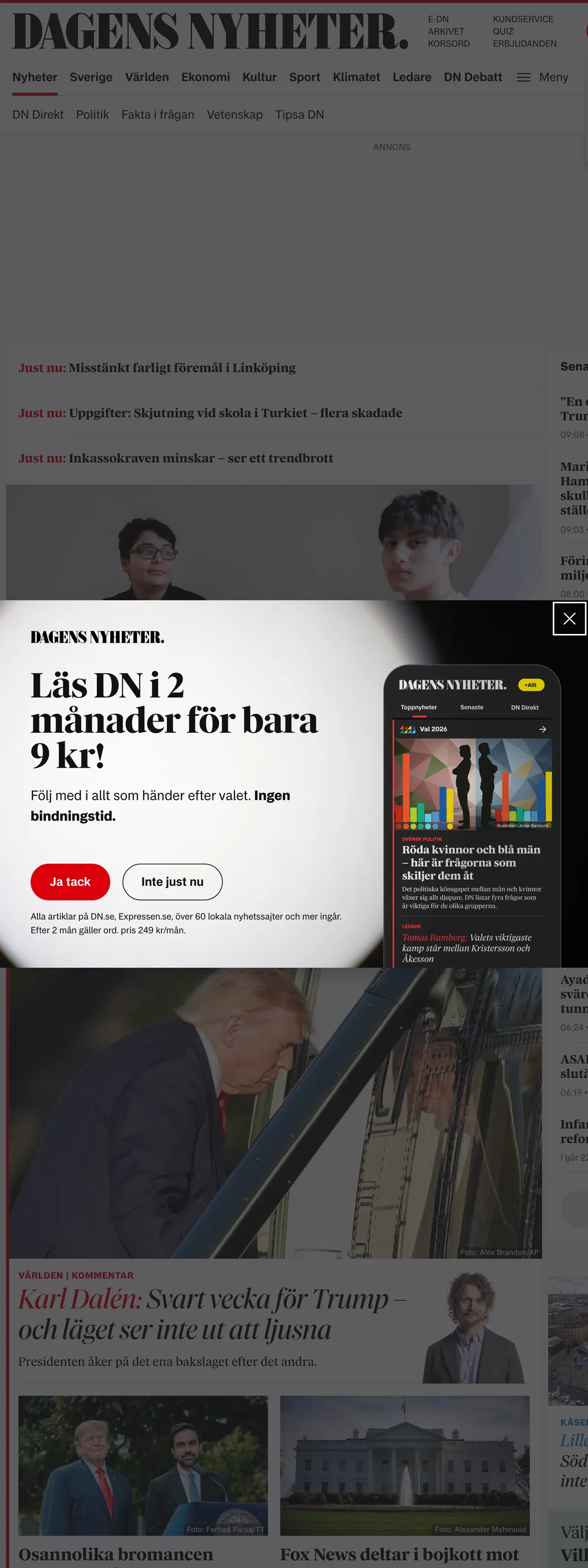 Screenshot of the Dagens Nyheter front page
