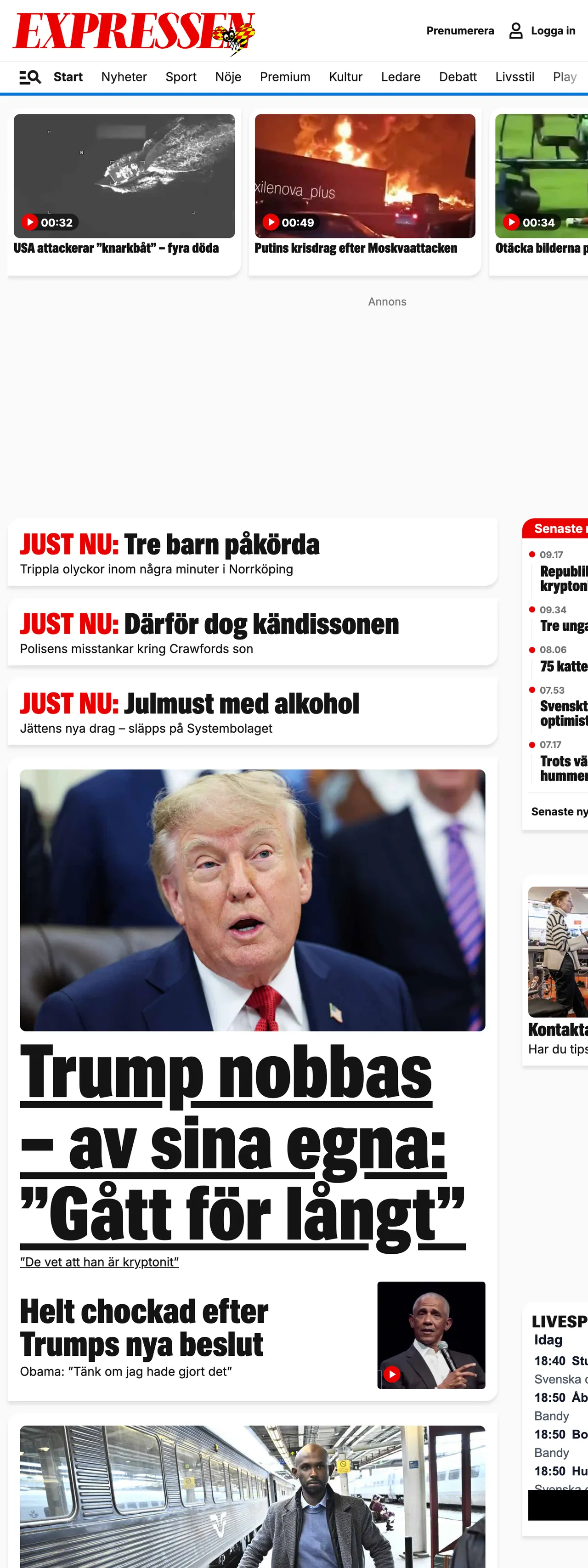 Screenshot of the Expressen front page