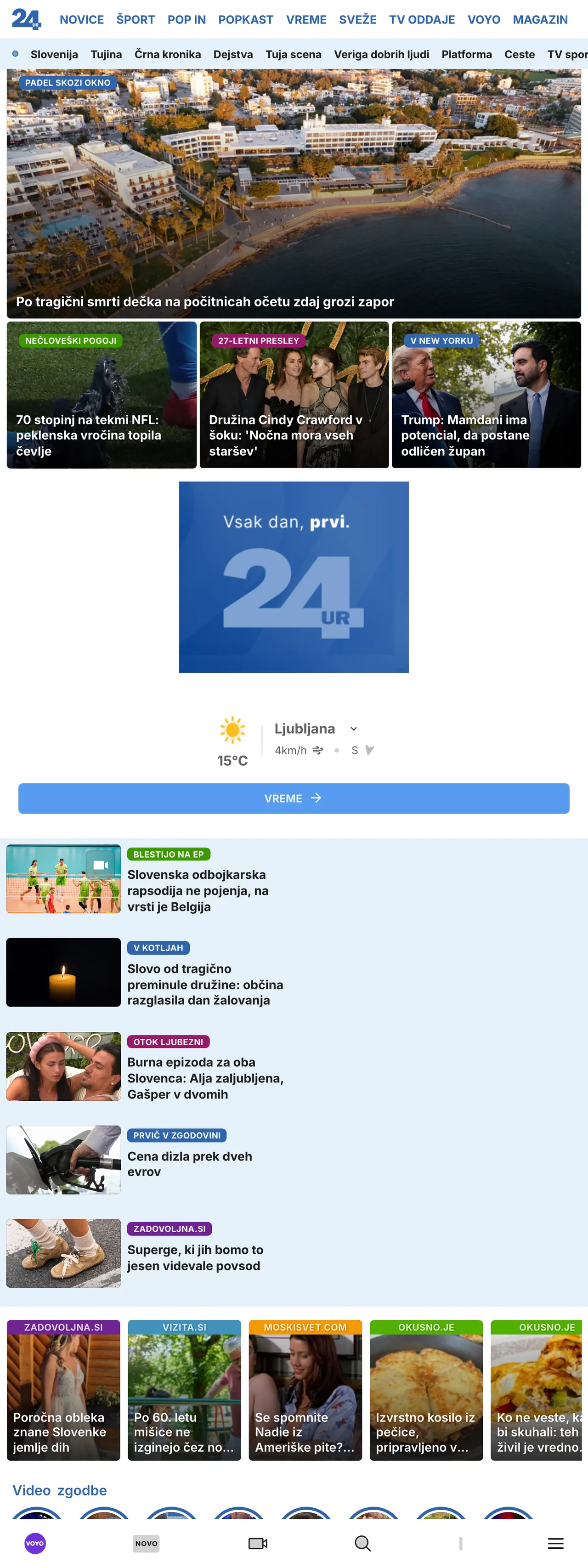 Screenshot of the 24ur front page