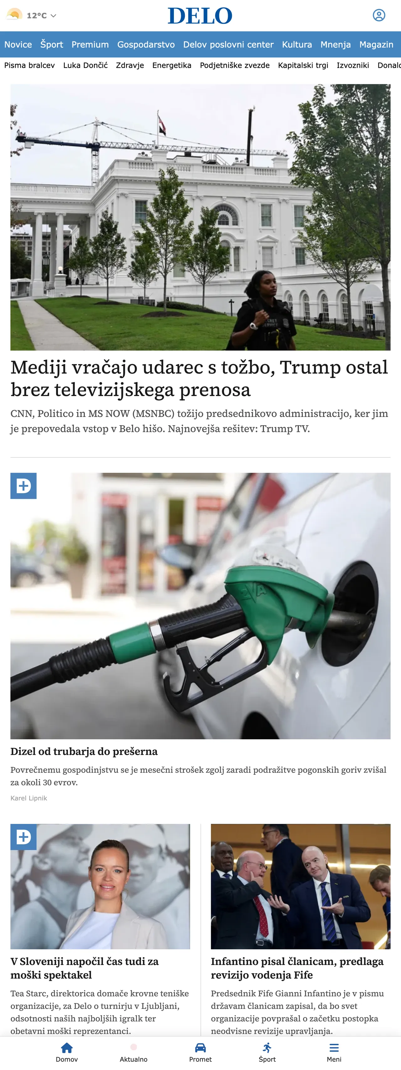 Screenshot of the Delo front page