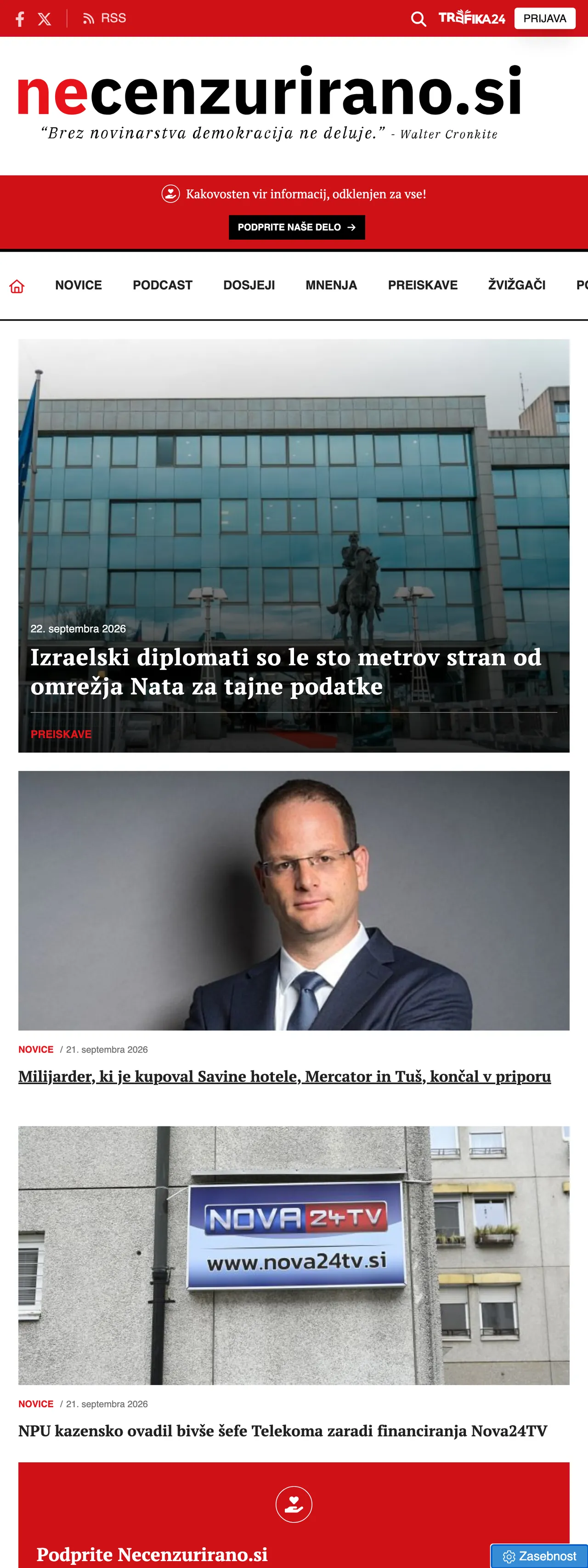 Screenshot of the Necenzurirano front page