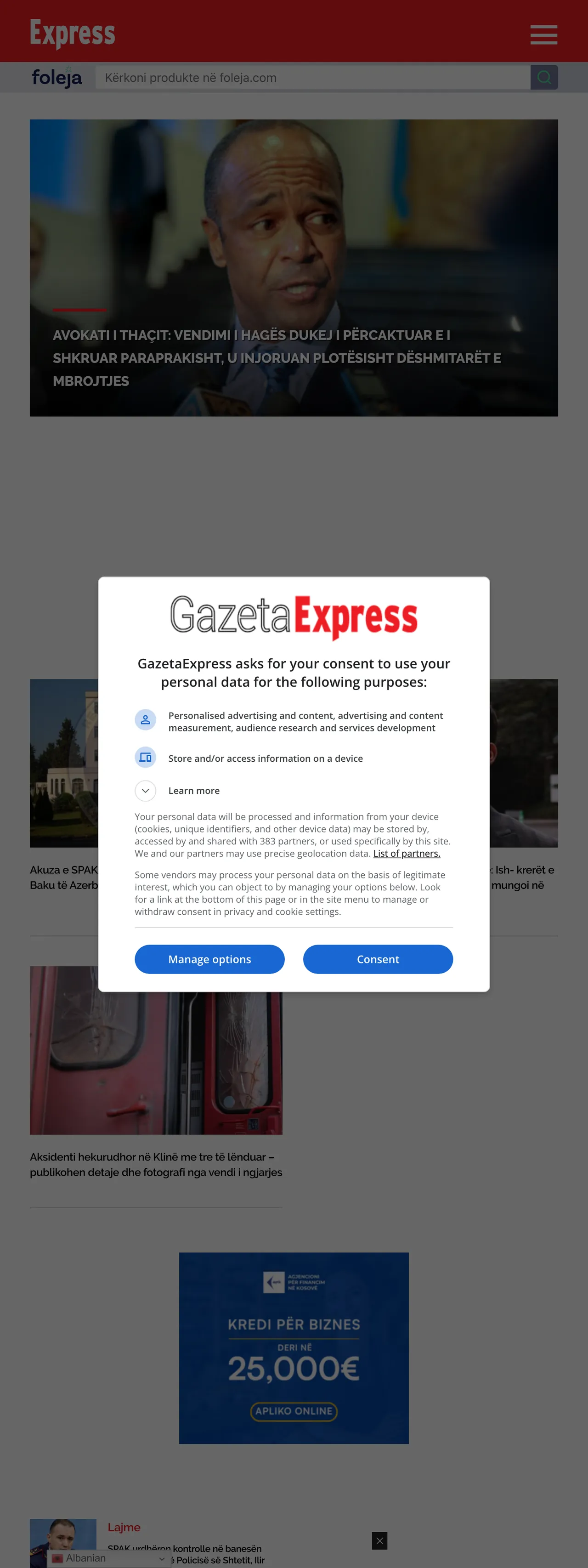 Screenshot of the Gazeta Express front page